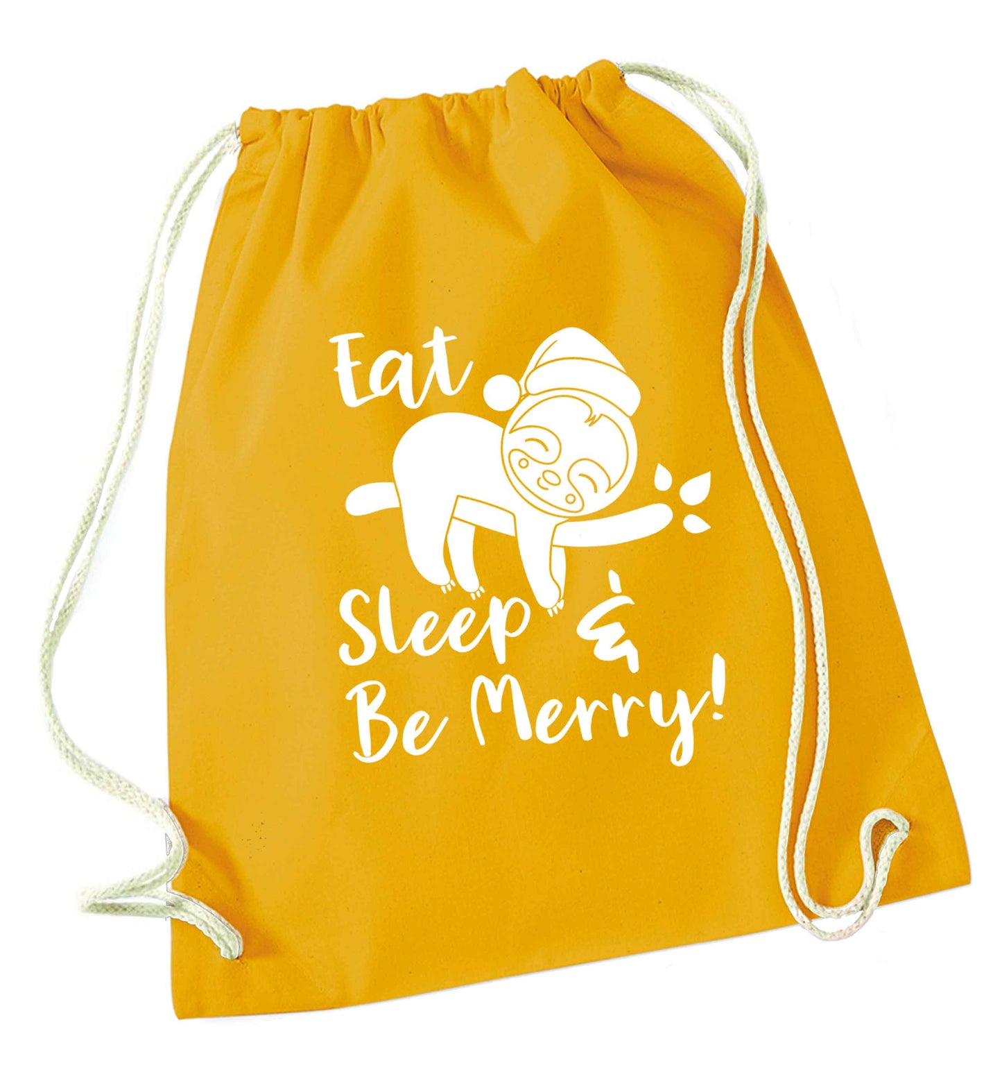 Merry Slothmas mustard drawstring bag