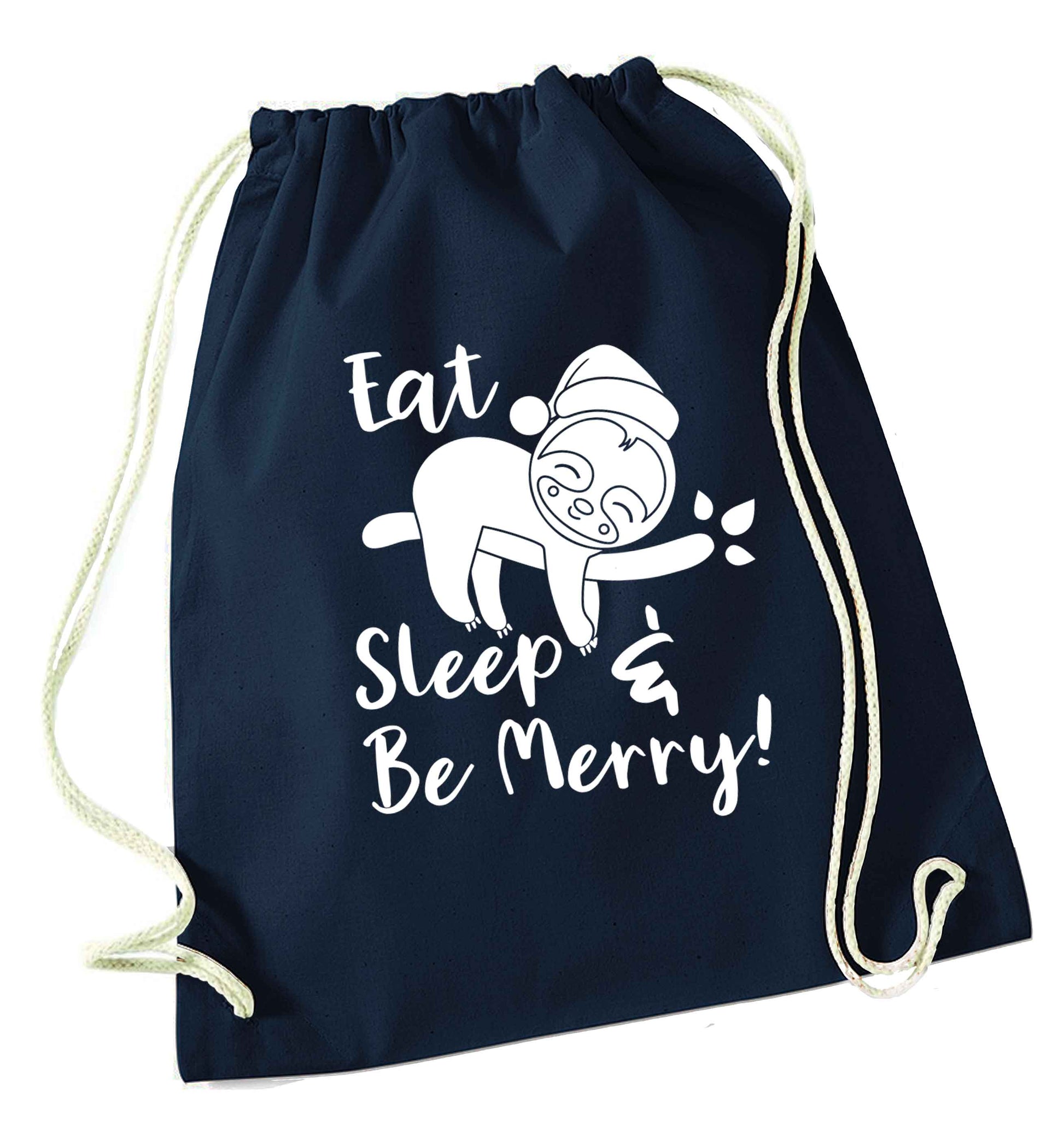 Merry Slothmas navy drawstring bag