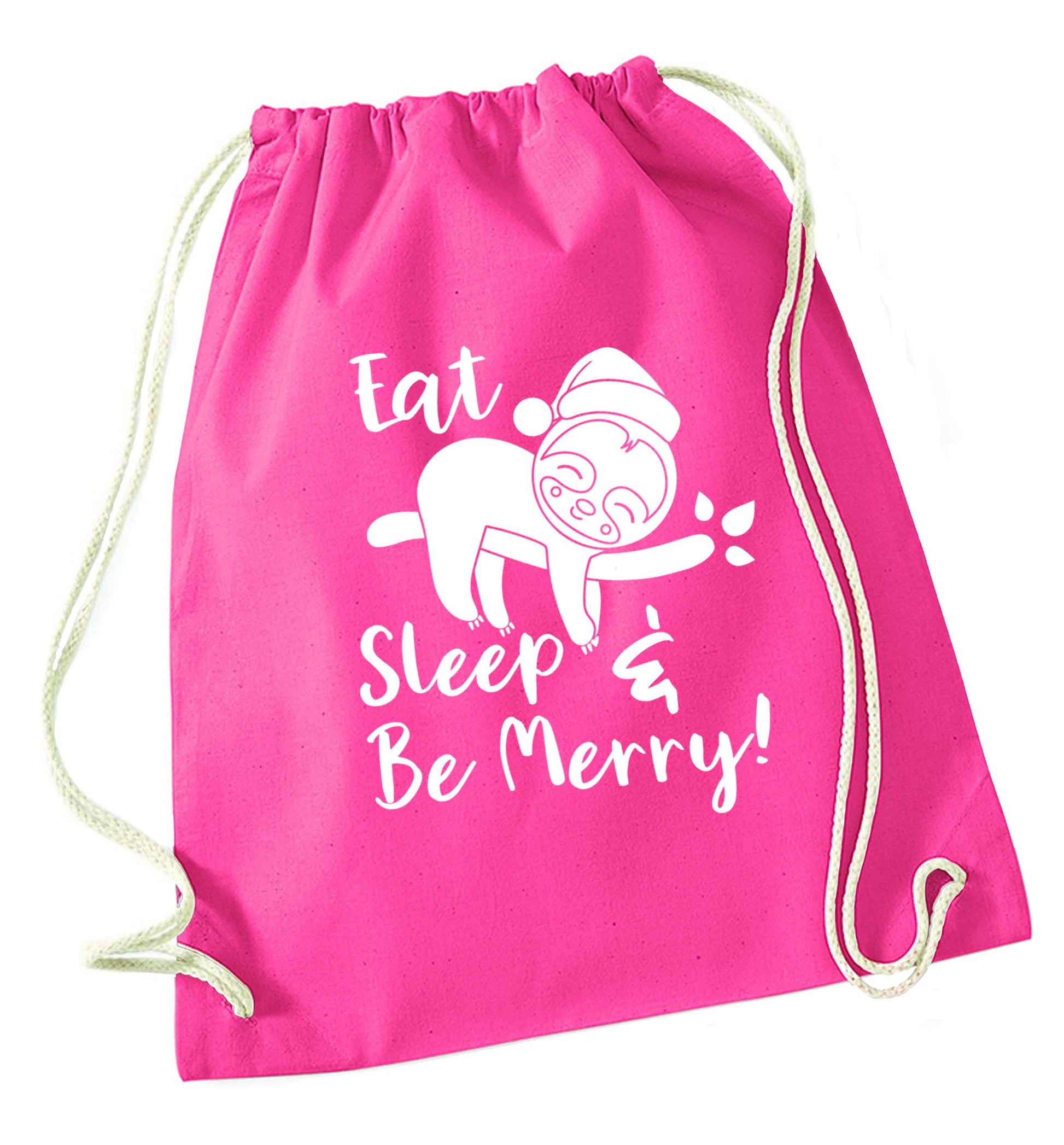 Merry Slothmas pink drawstring bag