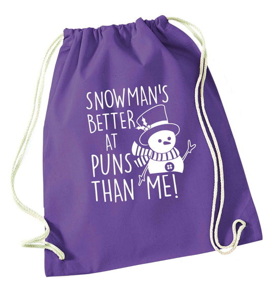 Snowman's Puns Me purple drawstring bag