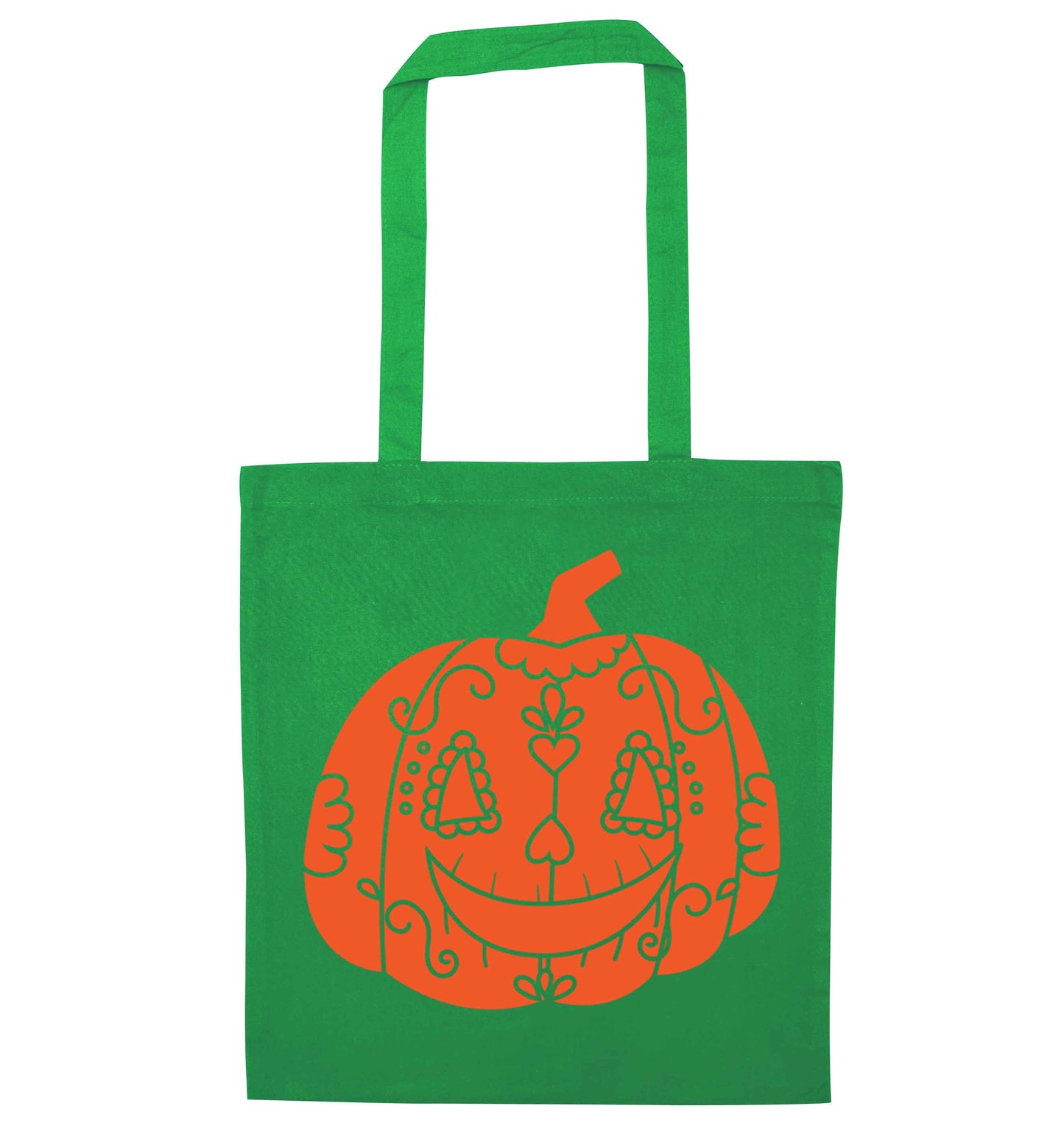 Pumpkin sugar skull green tote bag