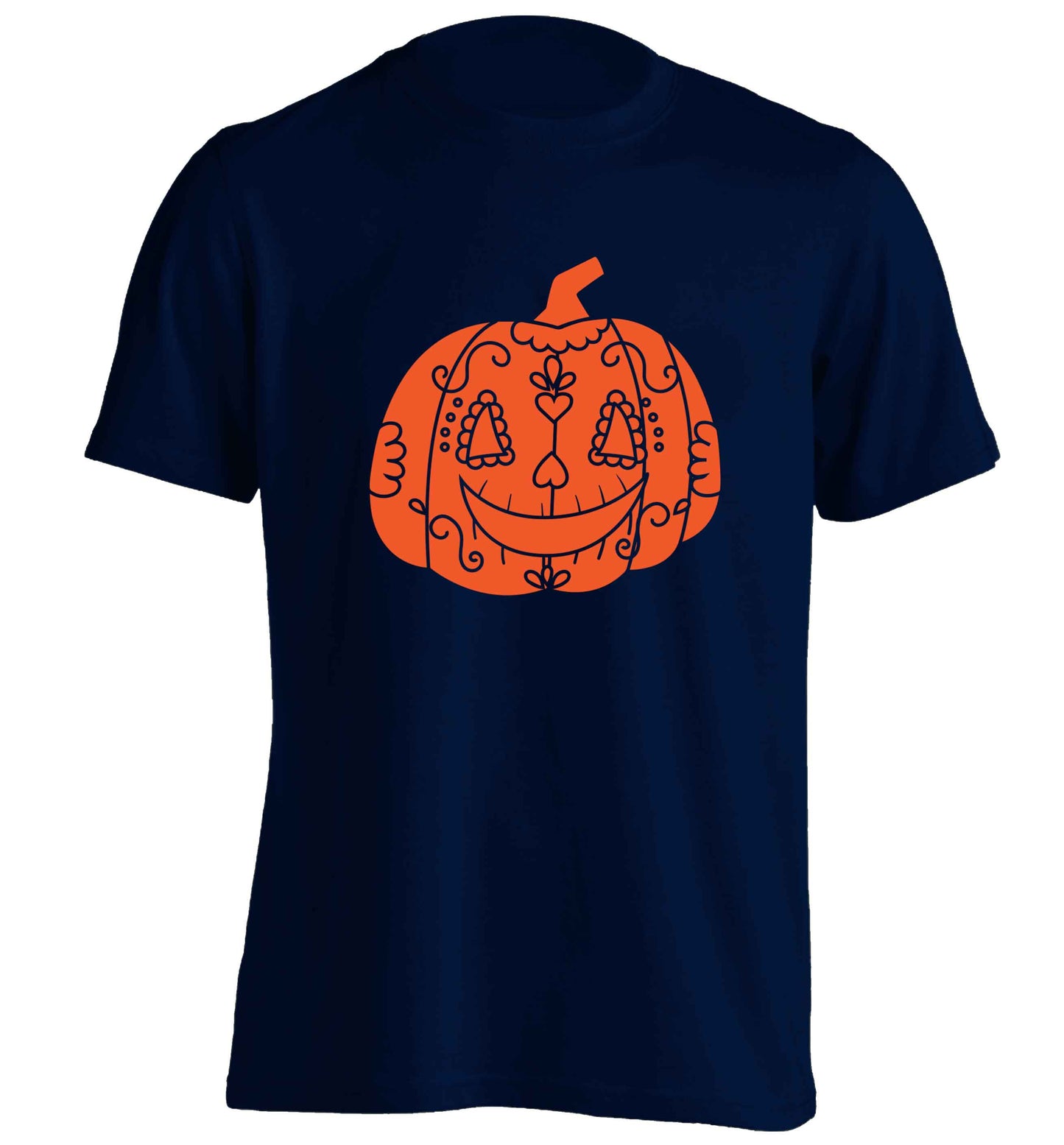 Pumpkin sugar skull adults unisex navy Tshirt 2XL