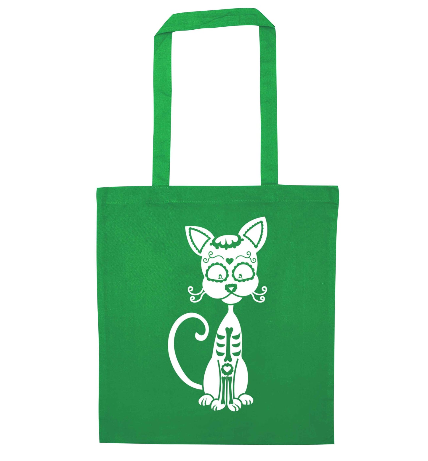 Cat sugar skull green tote bag