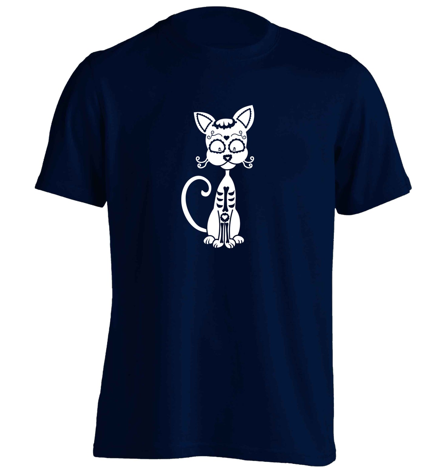 Cat sugar skull adults unisex navy Tshirt 2XL