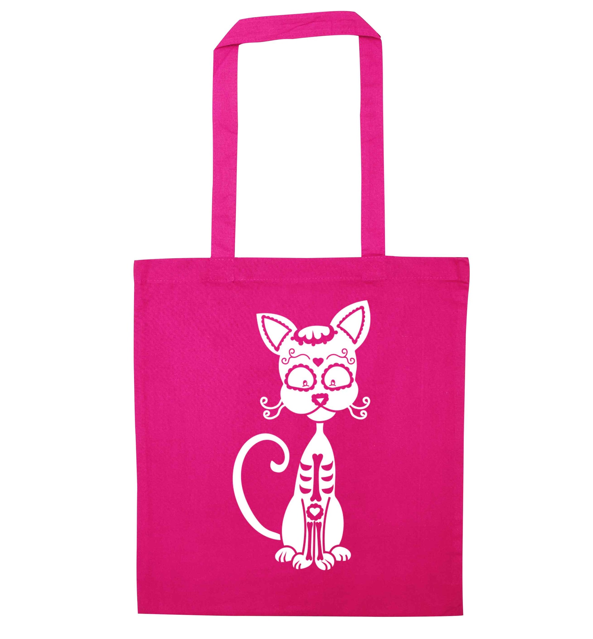 Cat sugar skull pink tote bag