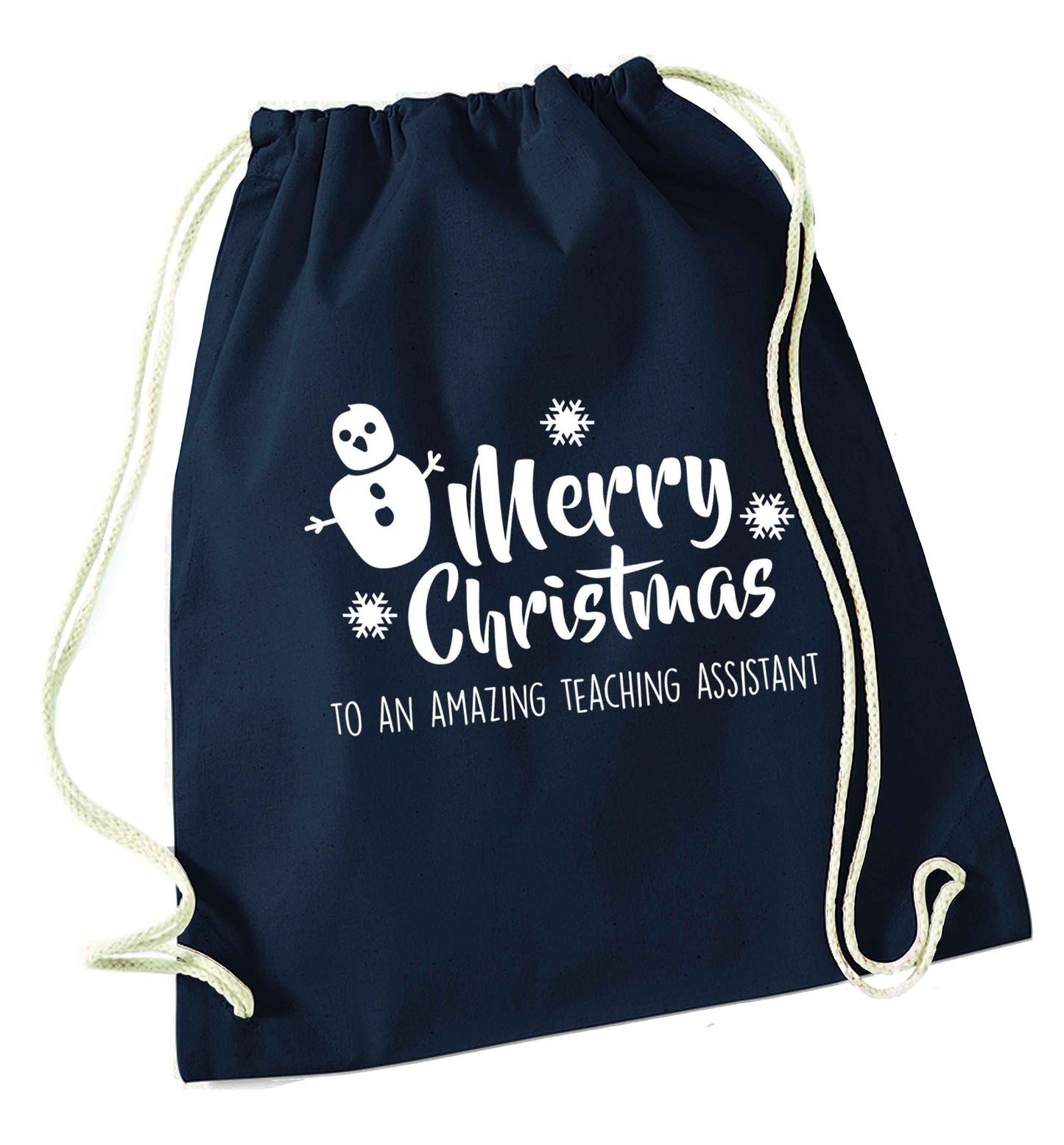 Merry christmas to my teacher navy drawstring bag
