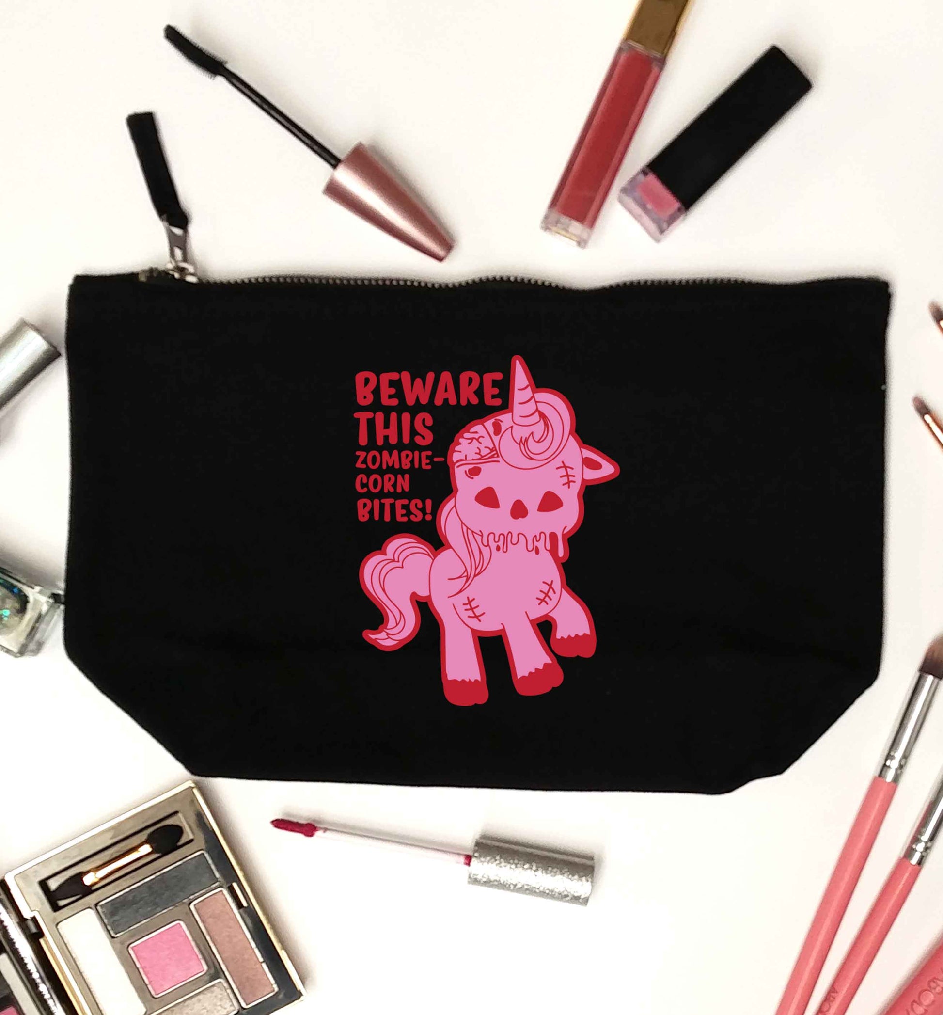 Beware this zombiecorn bites black makeup bag