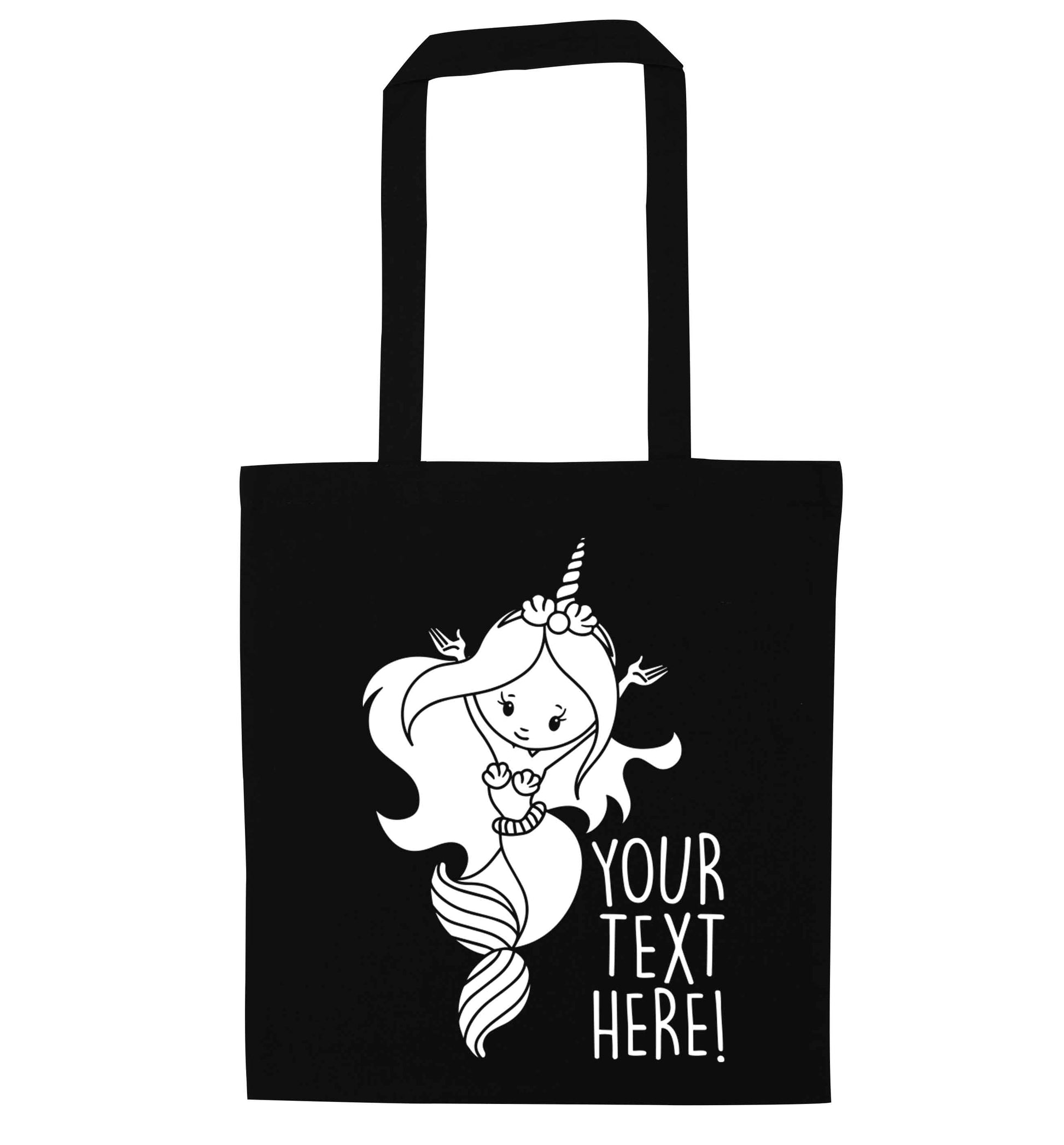 Mermaid with unicorn headband any text black tote bag