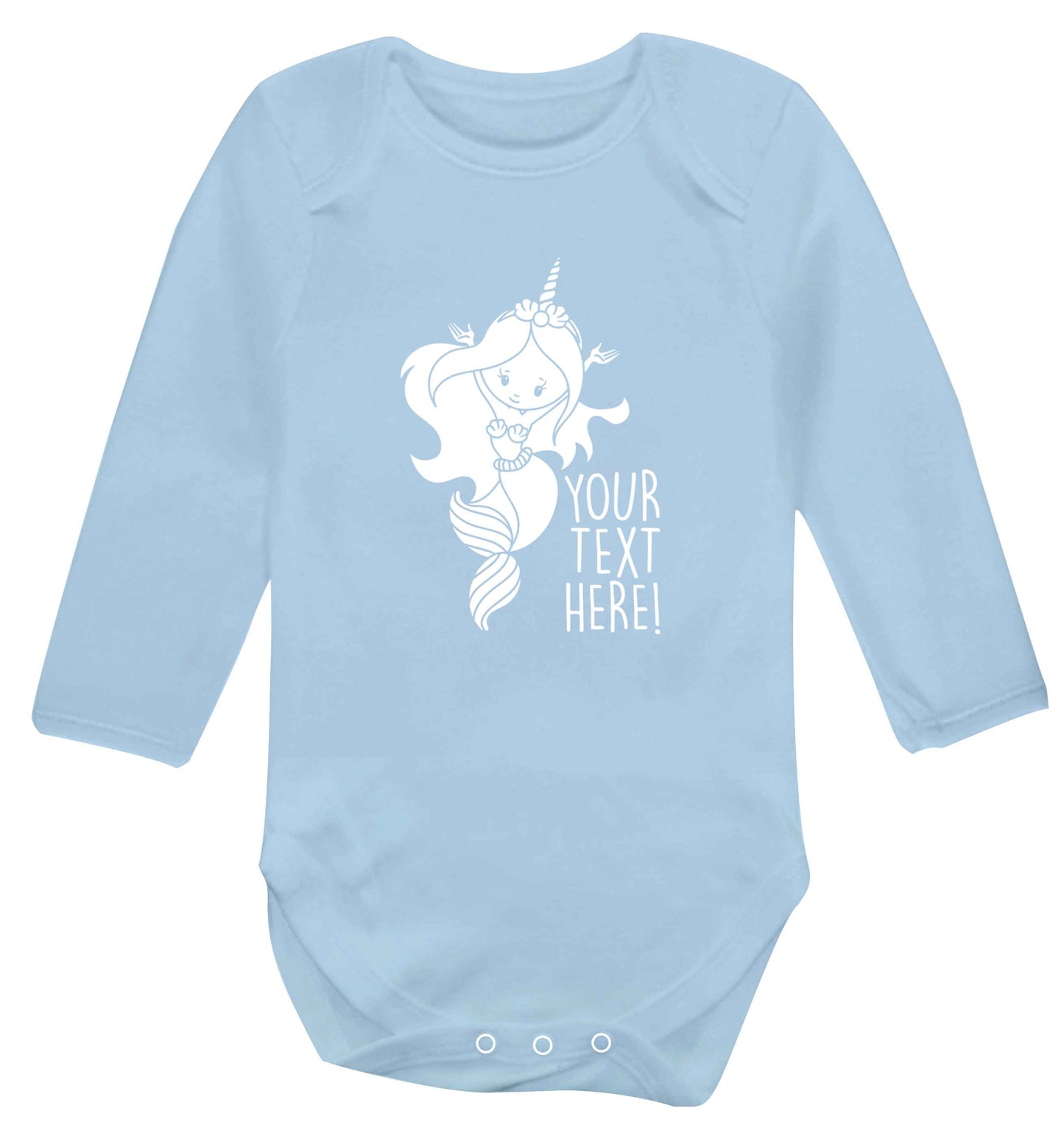 Mermaid with unicorn headband any text baby vest long sleeved pale blue 6-12 months