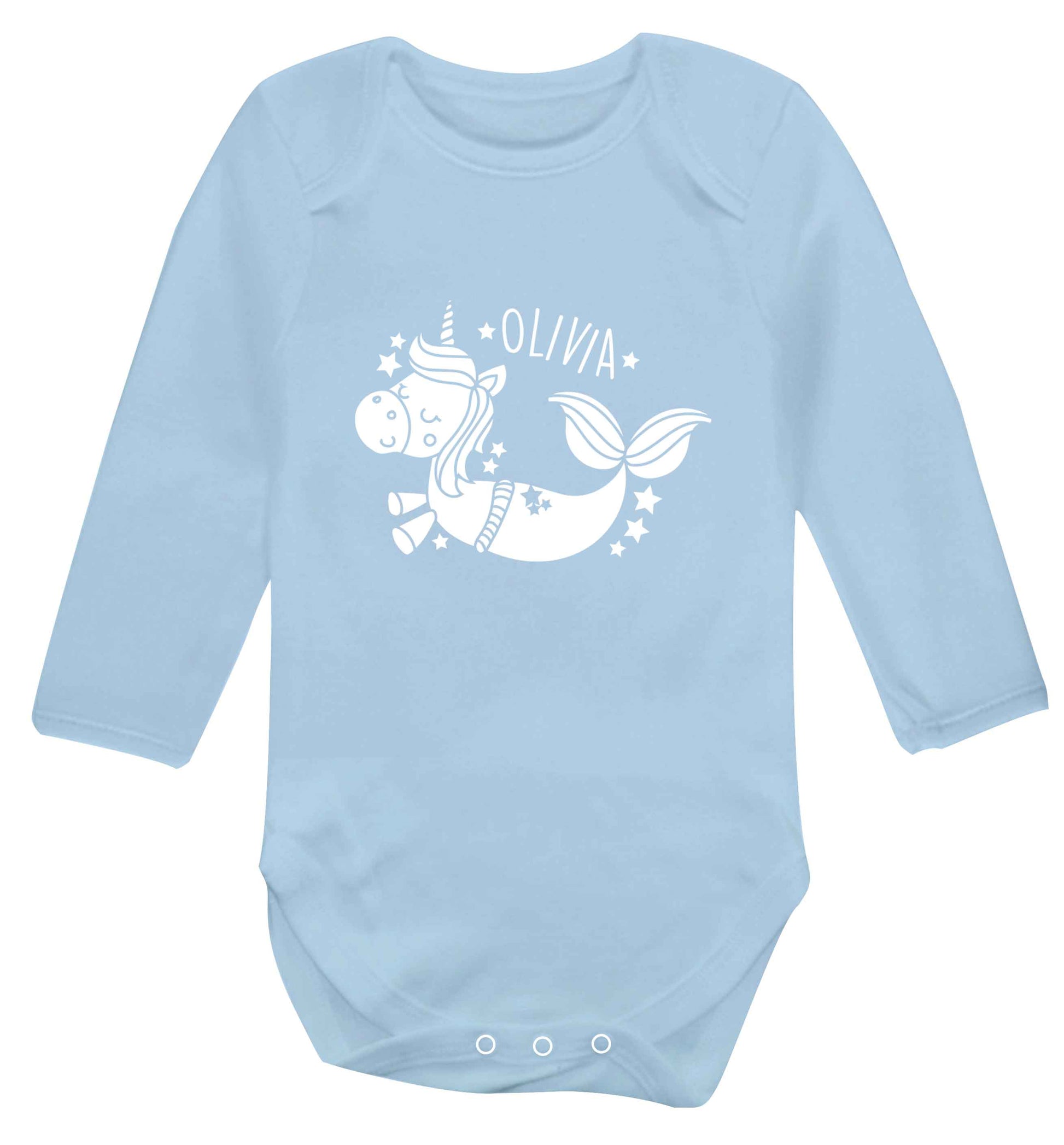 Unicorn mermaid - any name baby vest long sleeved pale blue 6-12 months