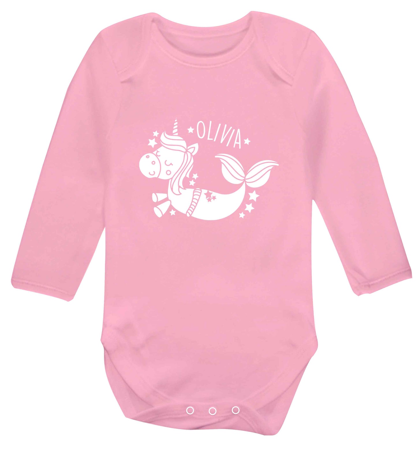 Unicorn mermaid - any name baby vest long sleeved pale pink 6-12 months