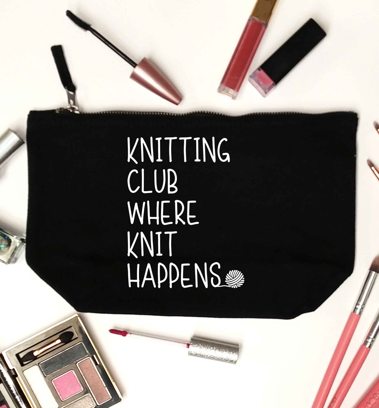 Knitting club where knit happens black makeup bag