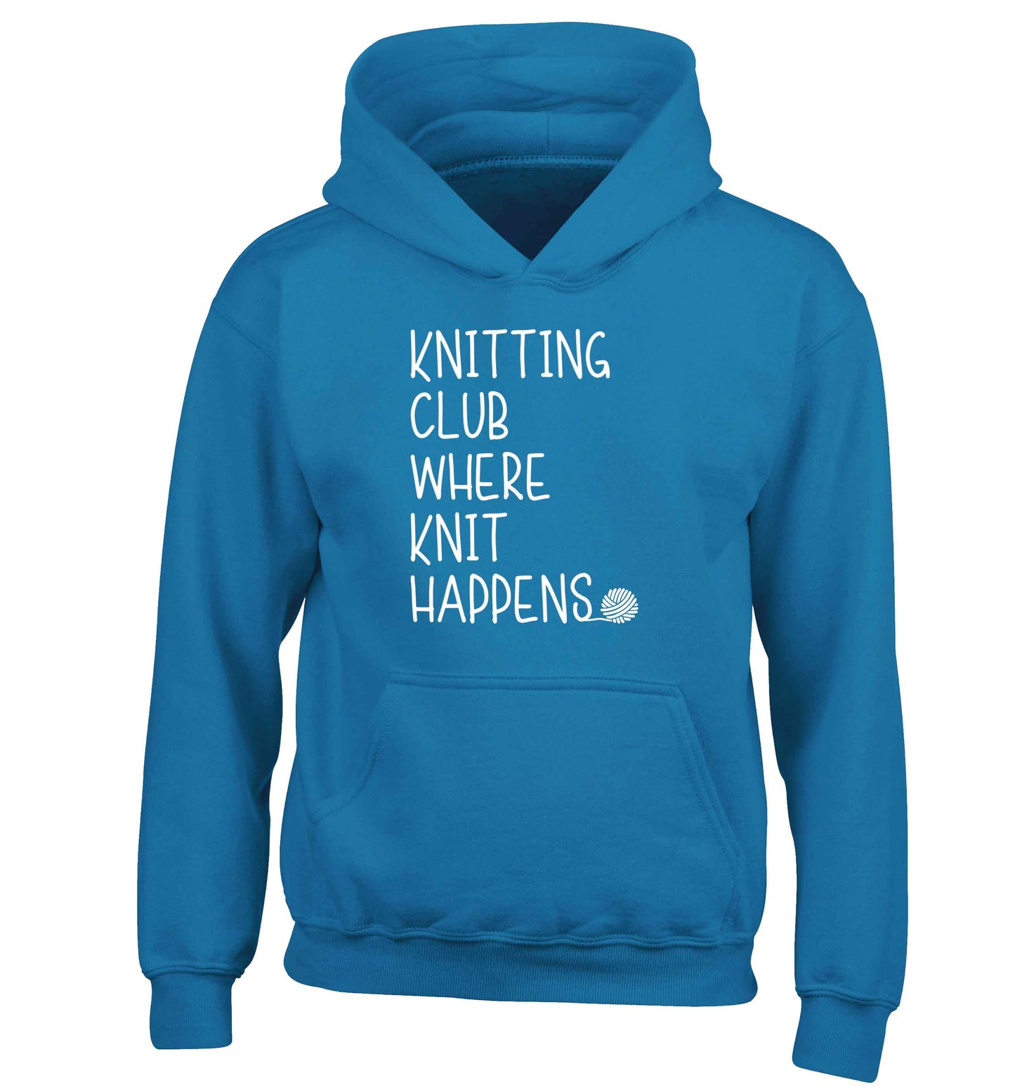 Knitting club where knit happens children's blue hoodie 12-13 Years