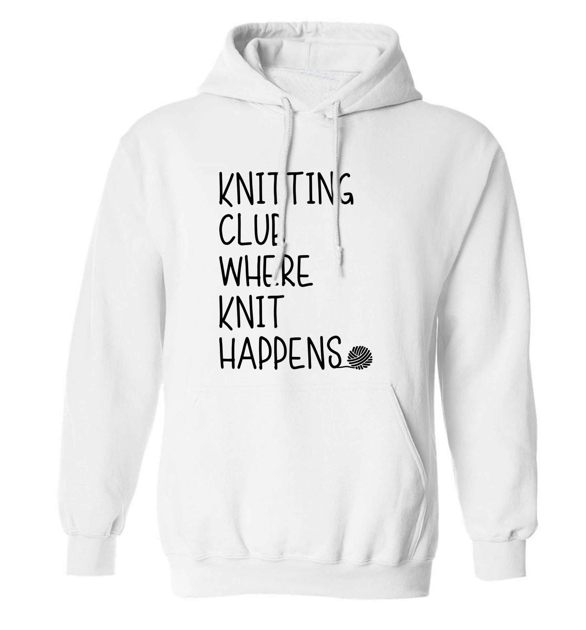 Knitting club where knit happens adults unisex white hoodie 2XL