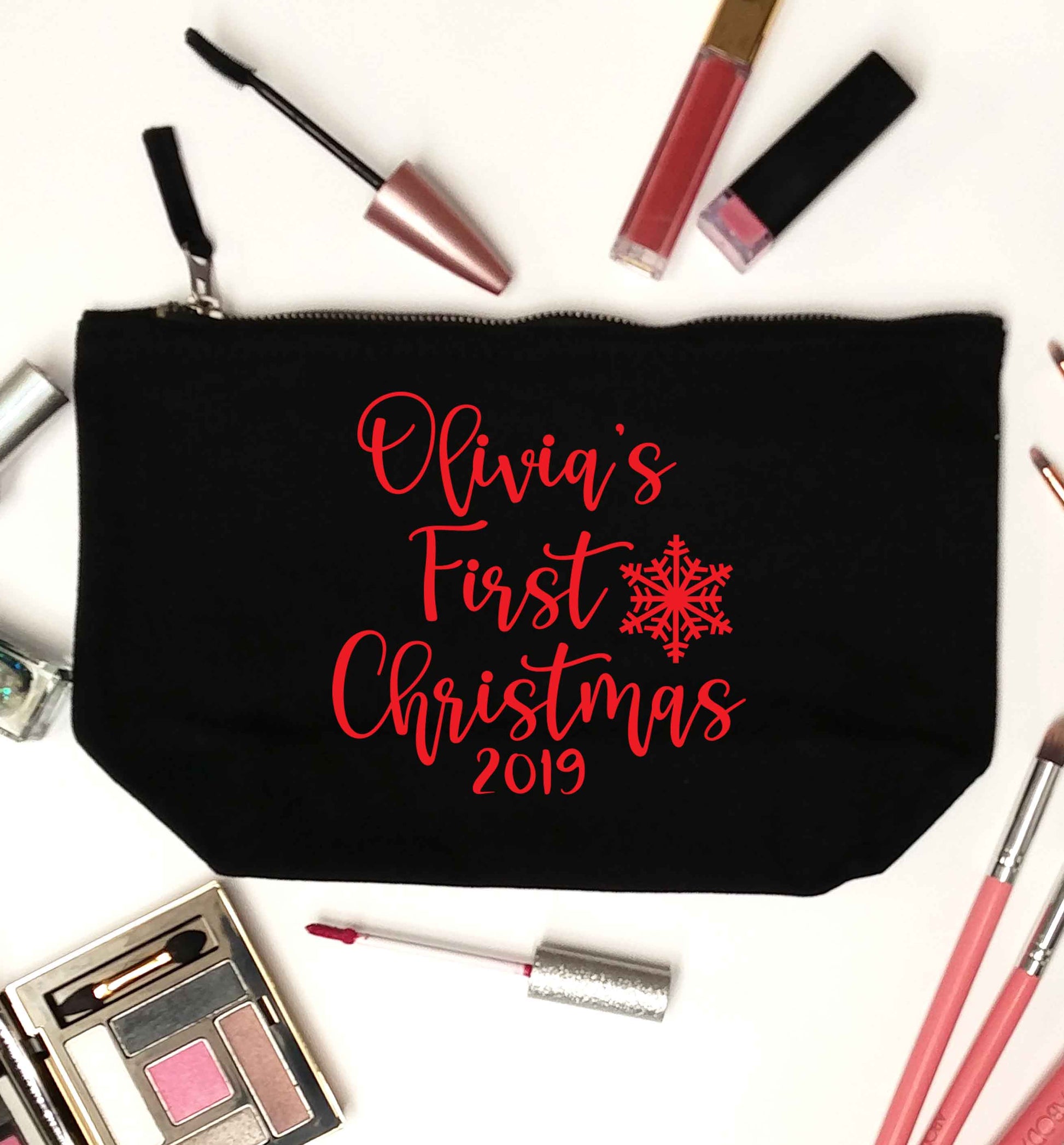 Personalised first Christmas - script text black makeup bag