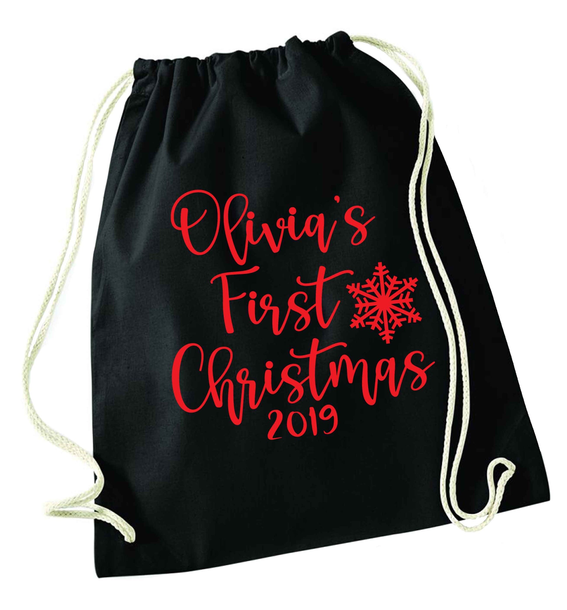Personalised first Christmas - script text black drawstring bag