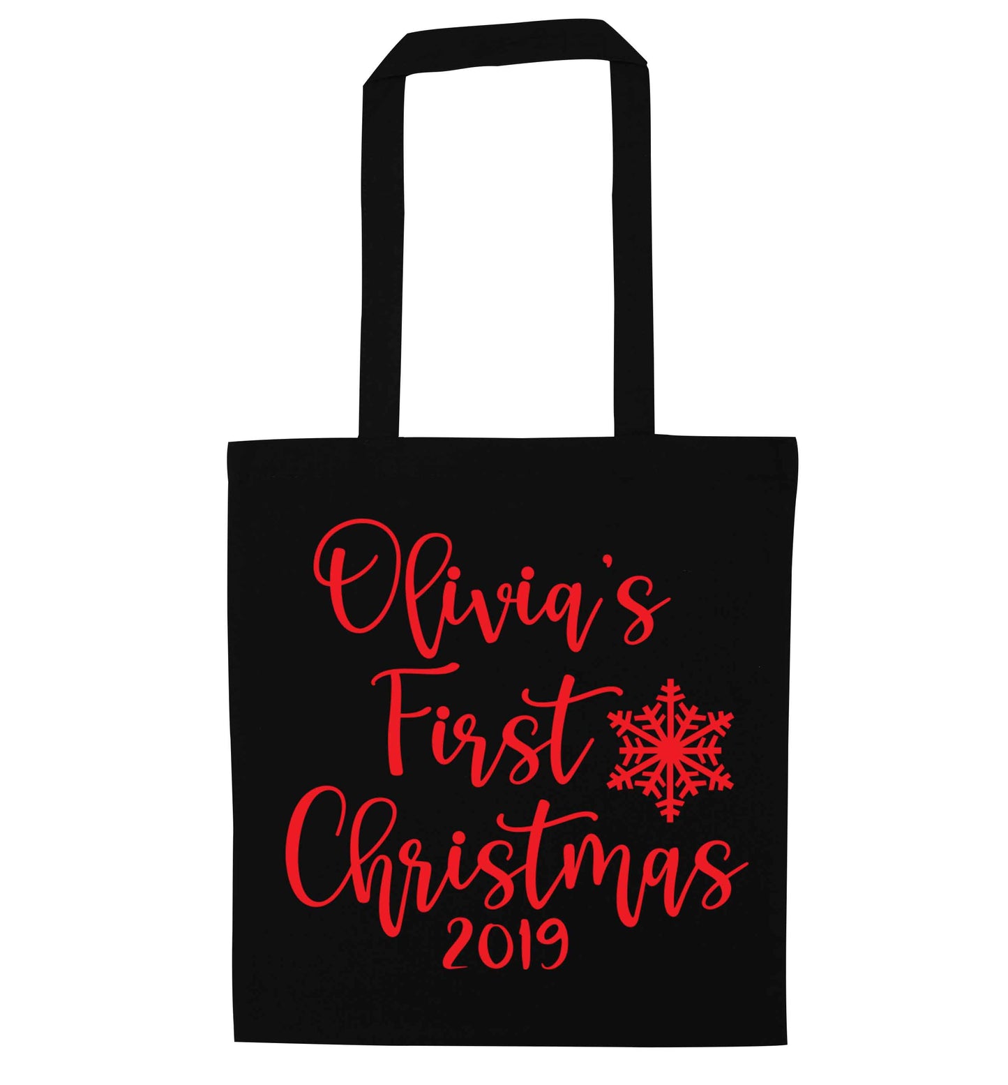 Personalised first Christmas - script text black tote bag