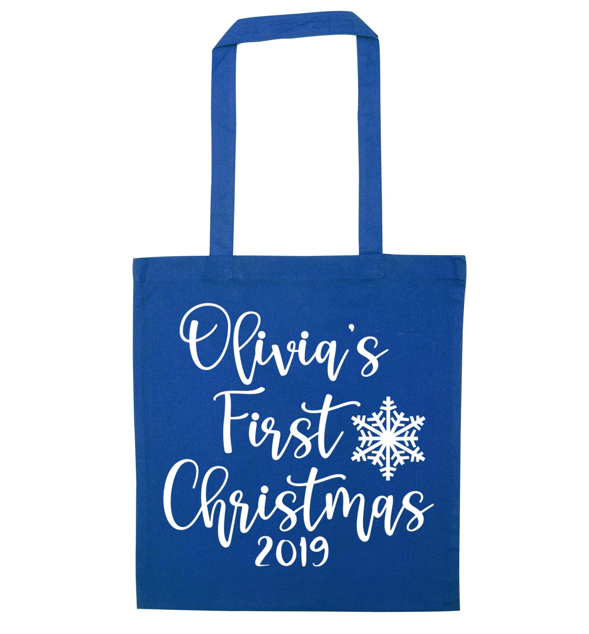 Personalised first Christmas - script text blue tote bag