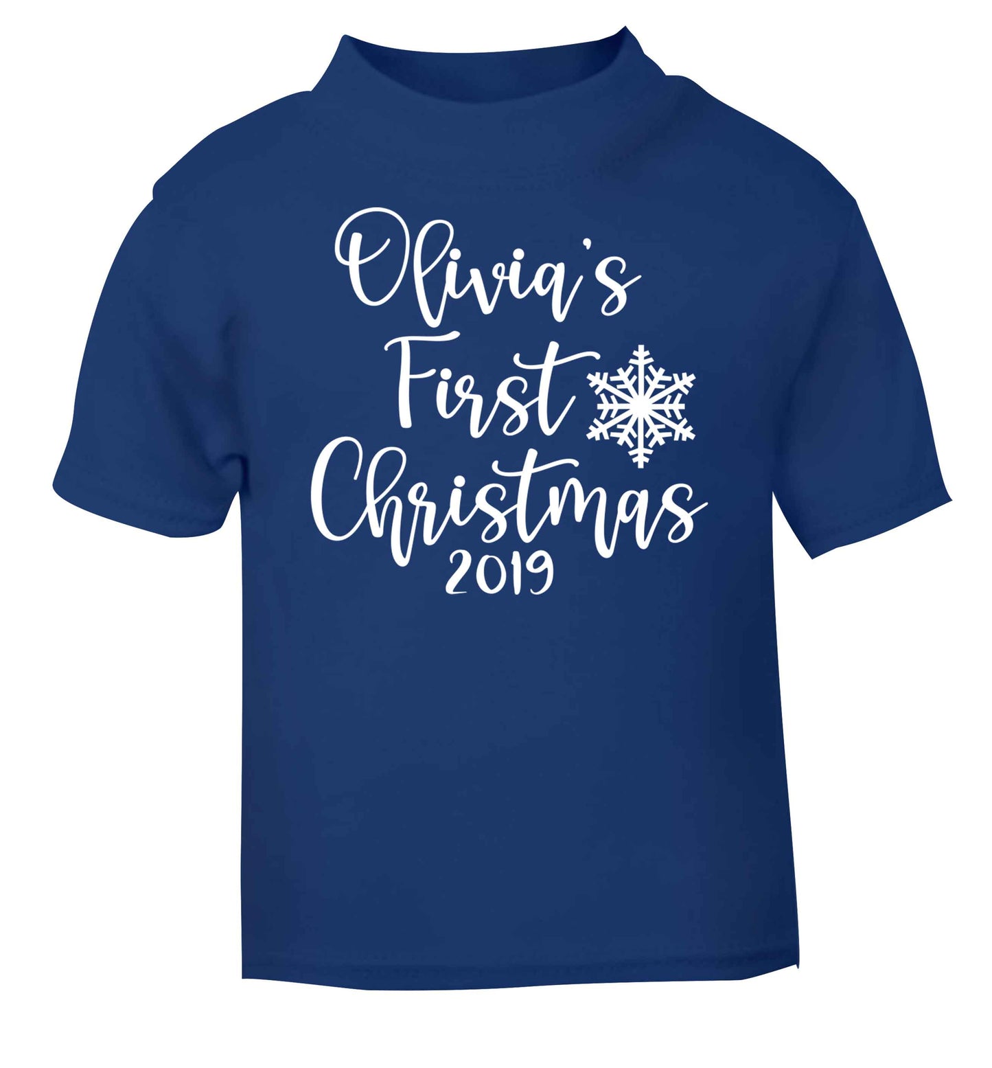 Personalised first Christmas - script text blue baby toddler Tshirt 2 Years