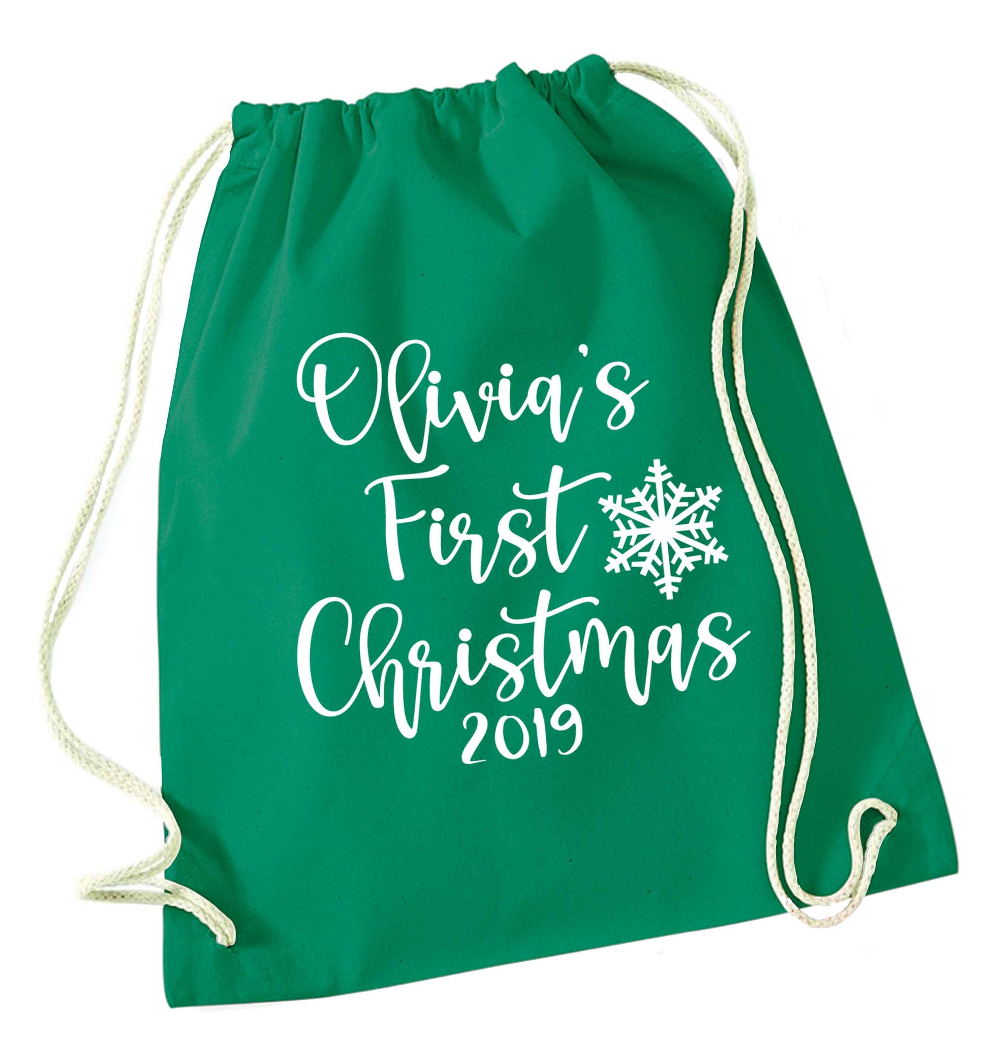 Personalised first Christmas - script text green drawstring bag