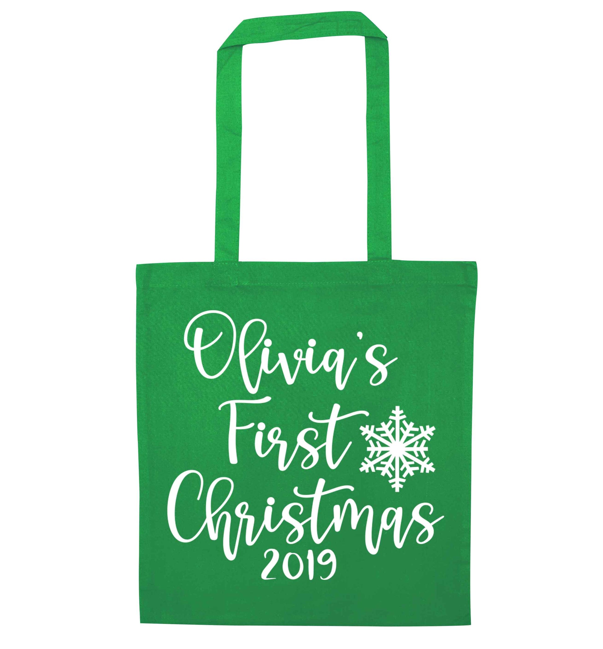 Personalised first Christmas - script text green tote bag