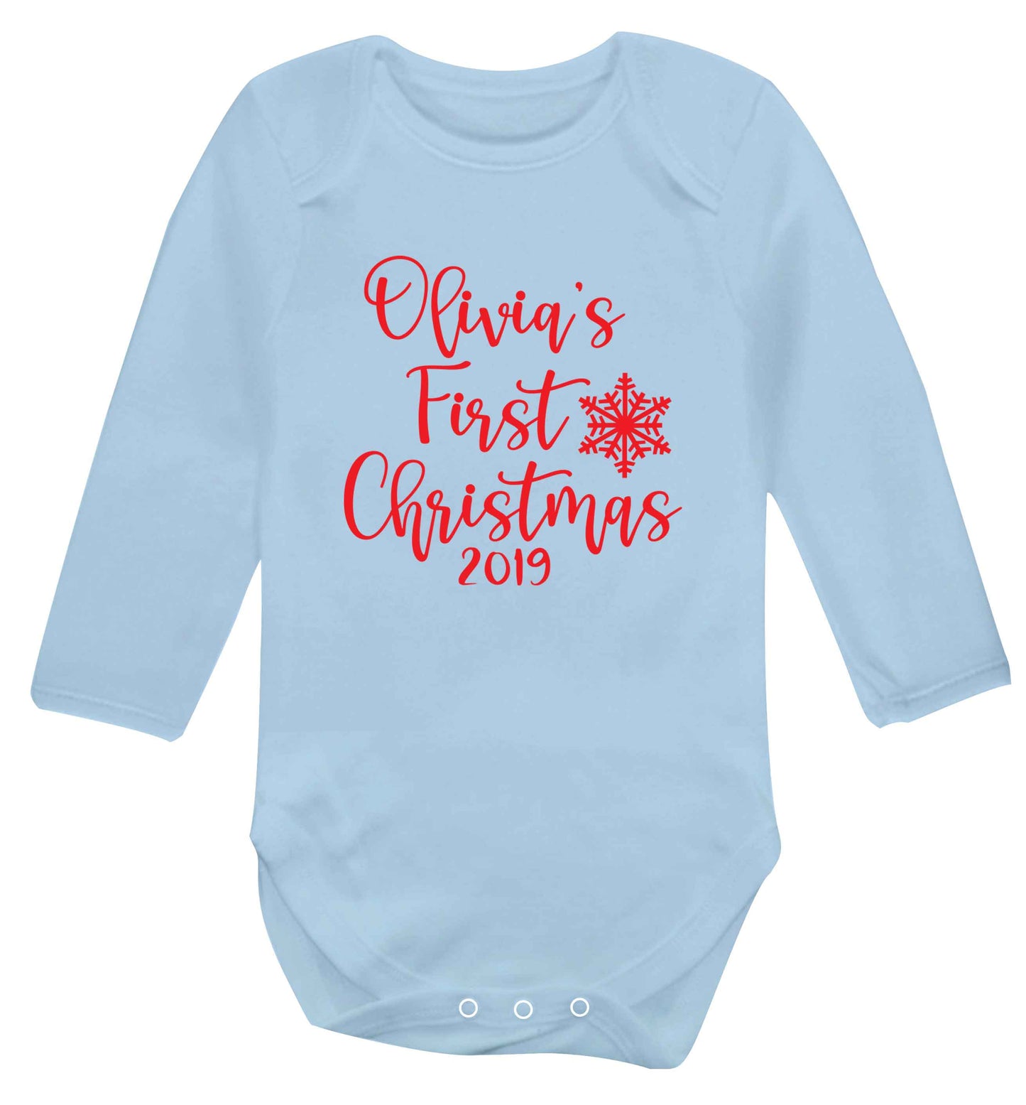 Personalised first Christmas - script text baby vest long sleeved pale blue 6-12 months