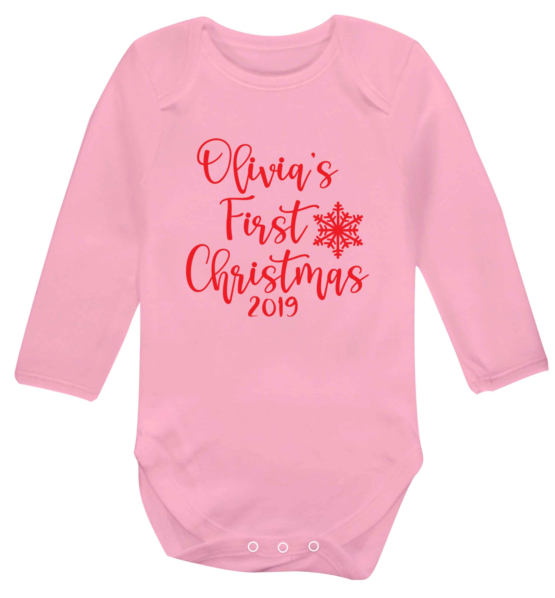 Personalised first Christmas - script text baby vest long sleeved pale pink 6-12 months