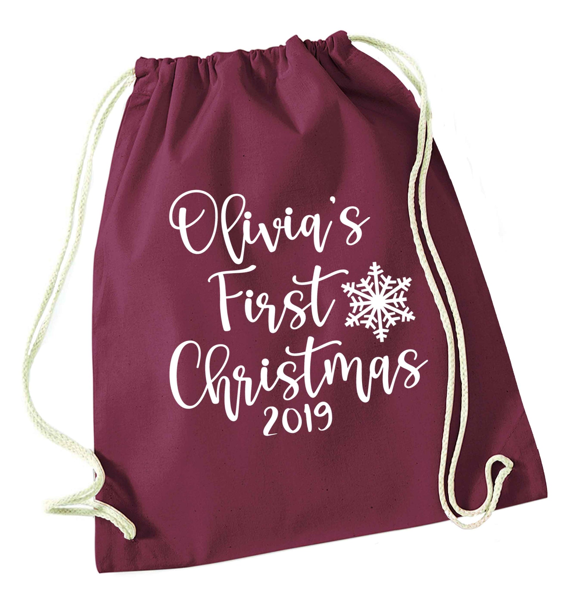 Personalised first Christmas - script text maroon drawstring bag