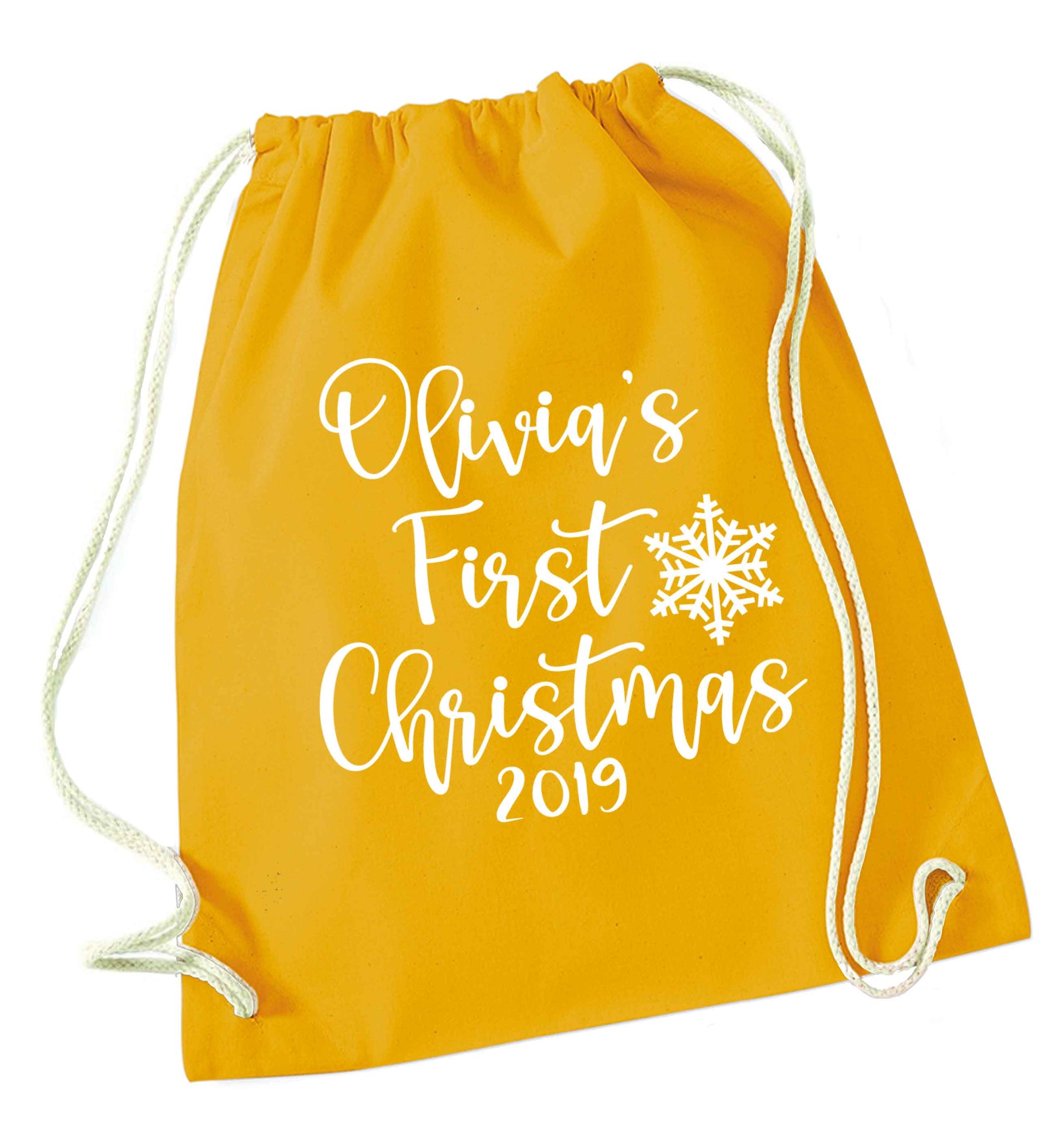 Personalised first Christmas - script text mustard drawstring bag