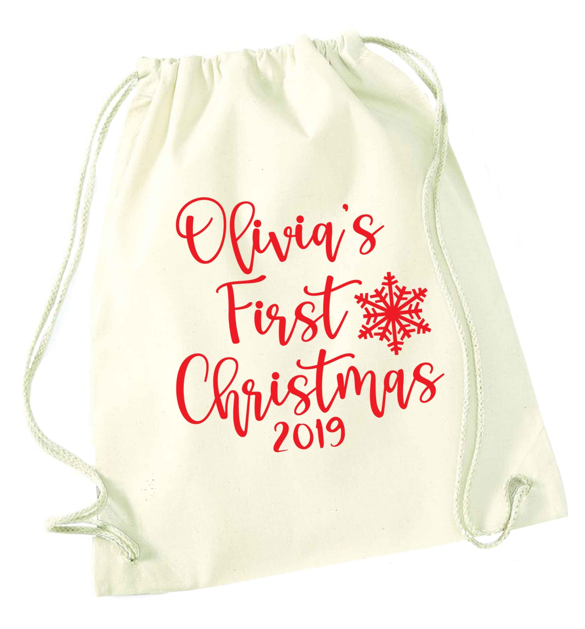 Personalised first Christmas - script text natural drawstring bag