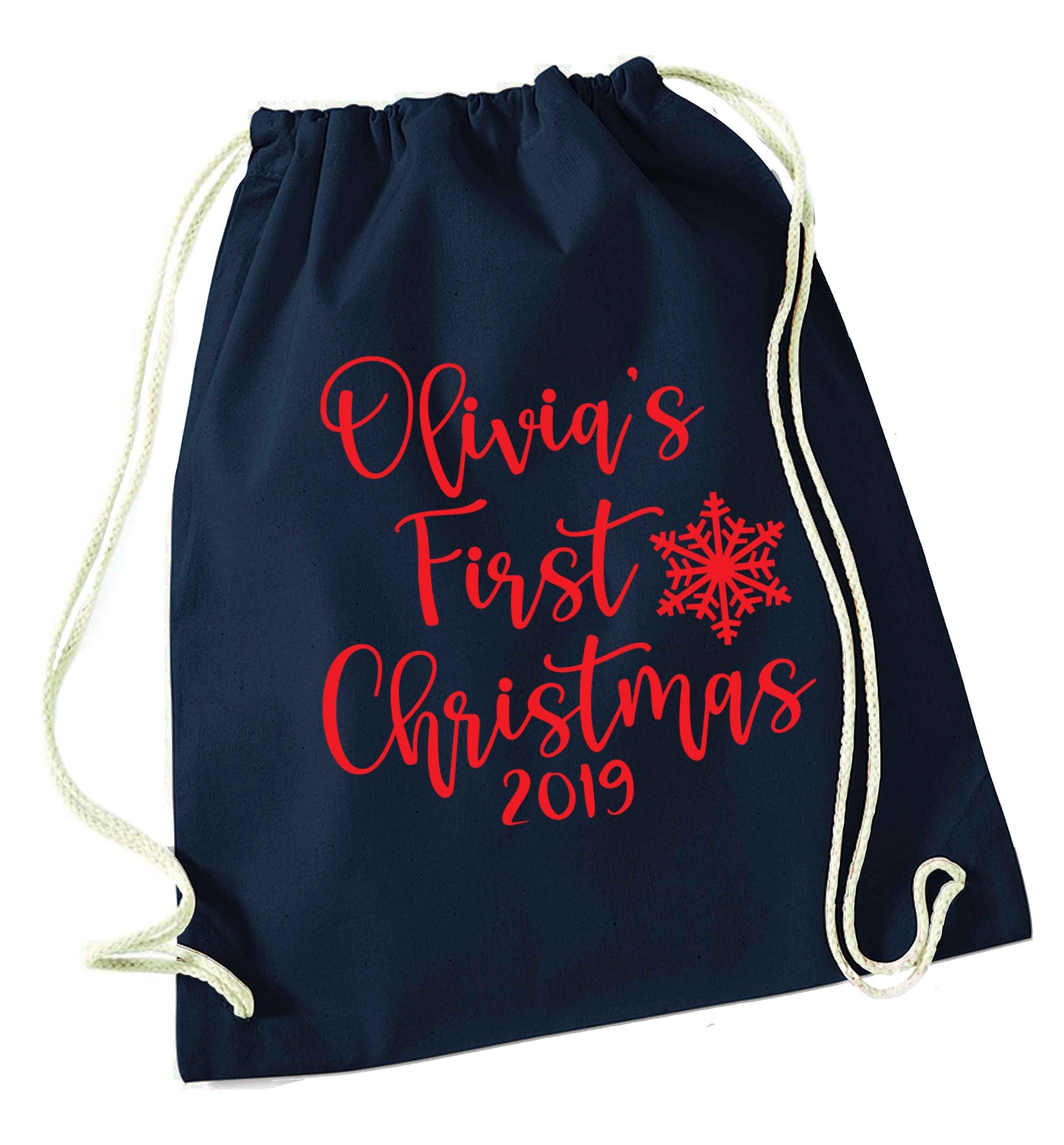 Personalised first Christmas - script text navy drawstring bag