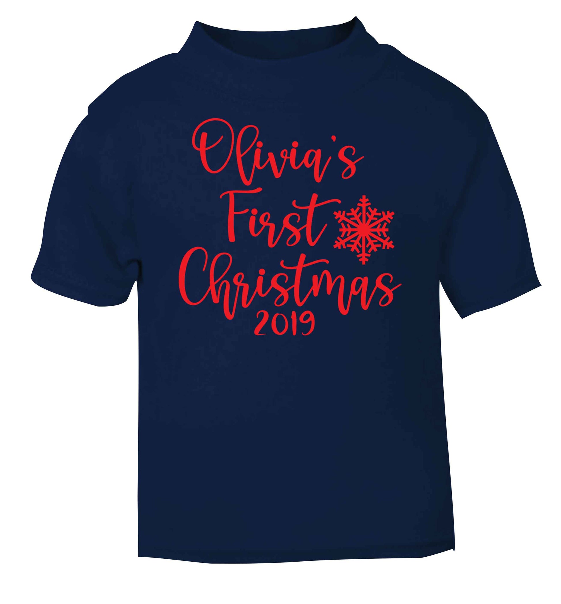 Personalised first Christmas - script text navy baby toddler Tshirt 2 Years