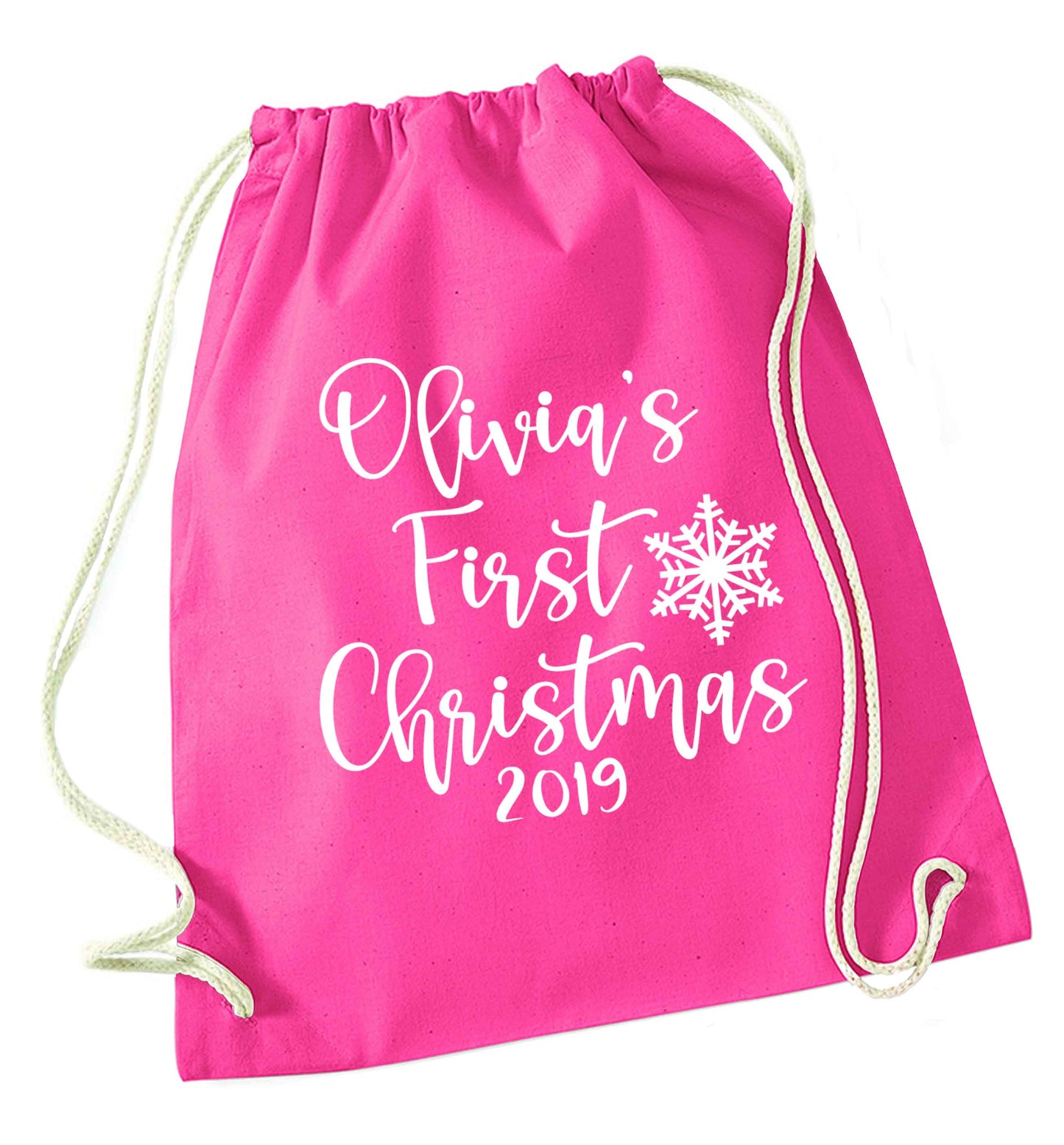 Personalised first Christmas - script text pink drawstring bag