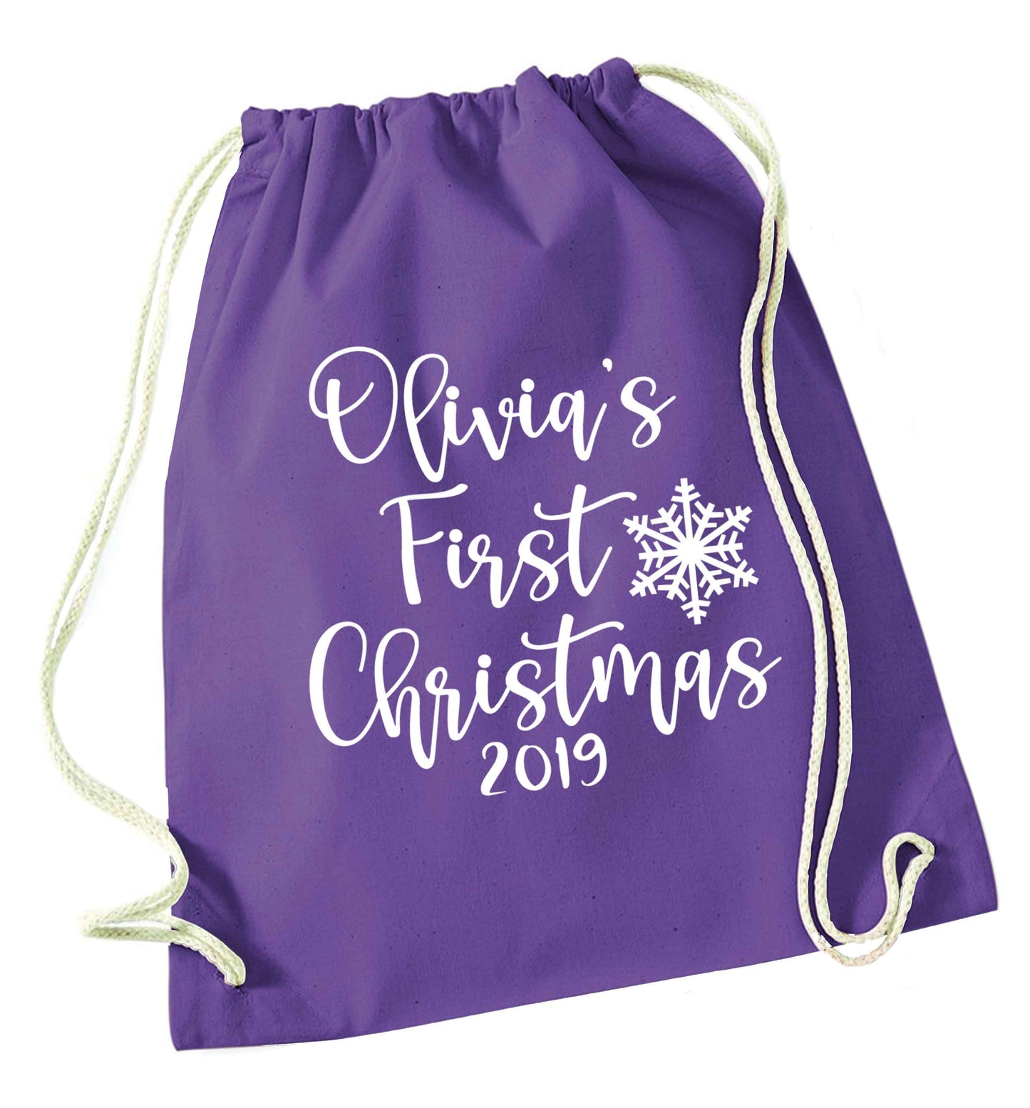 Personalised first Christmas - script text purple drawstring bag