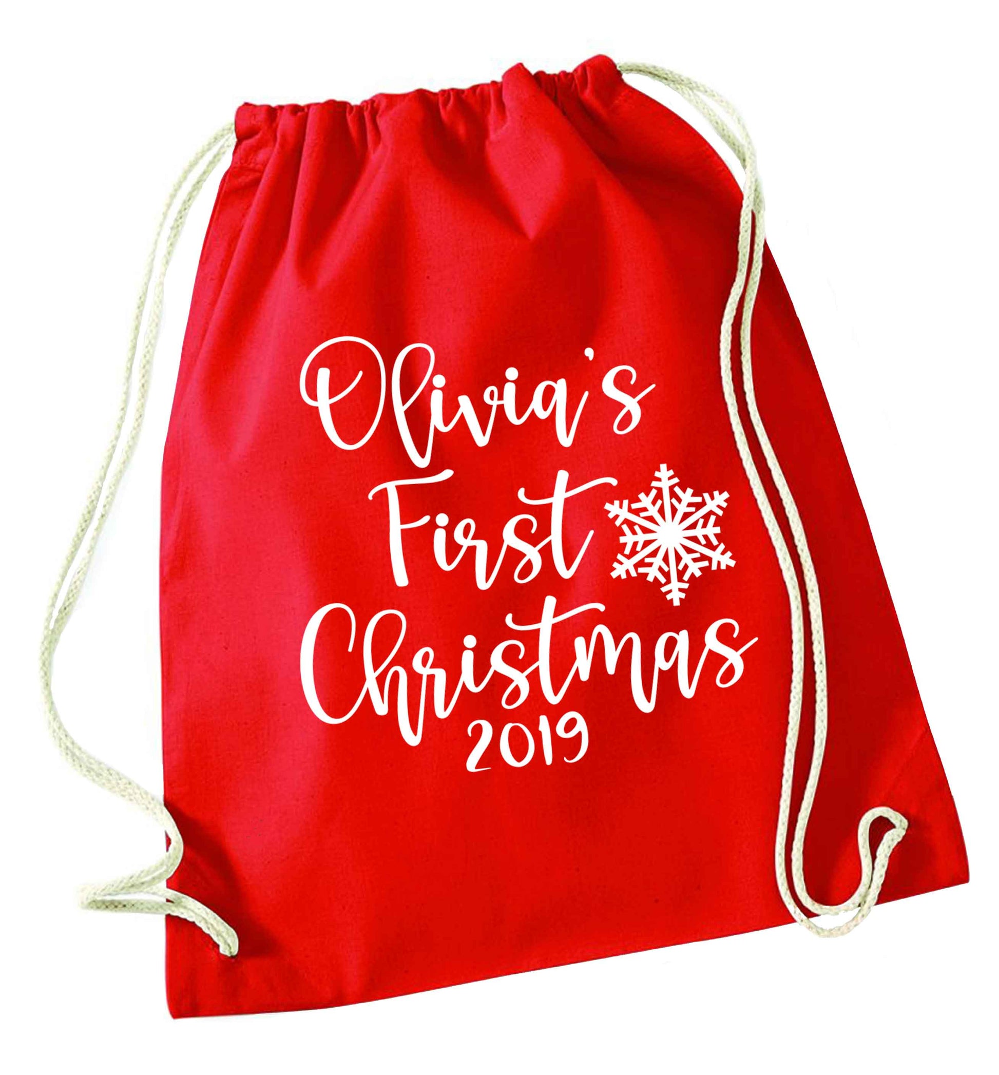 Personalised first Christmas - script text red drawstring bag 
