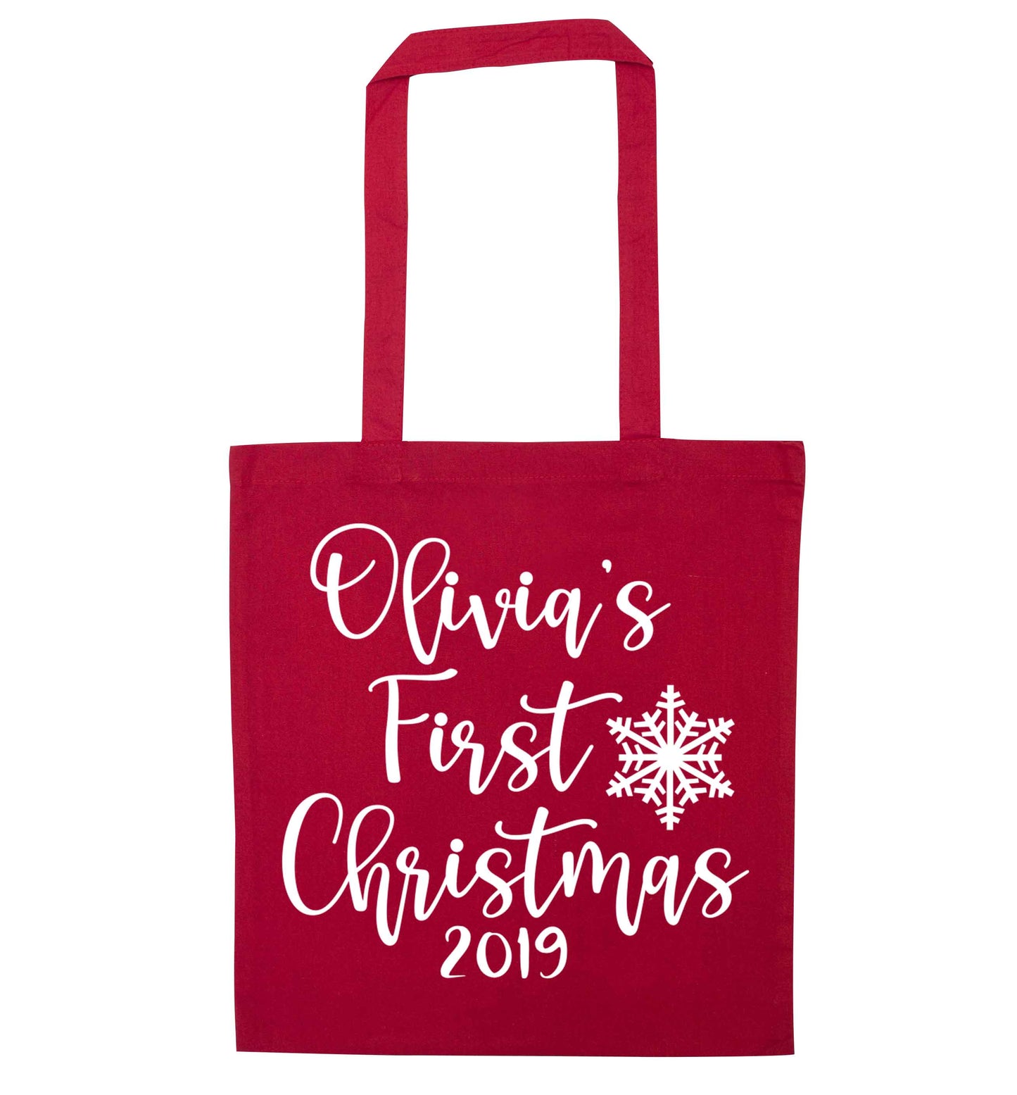 Personalised first Christmas - script text red tote bag
