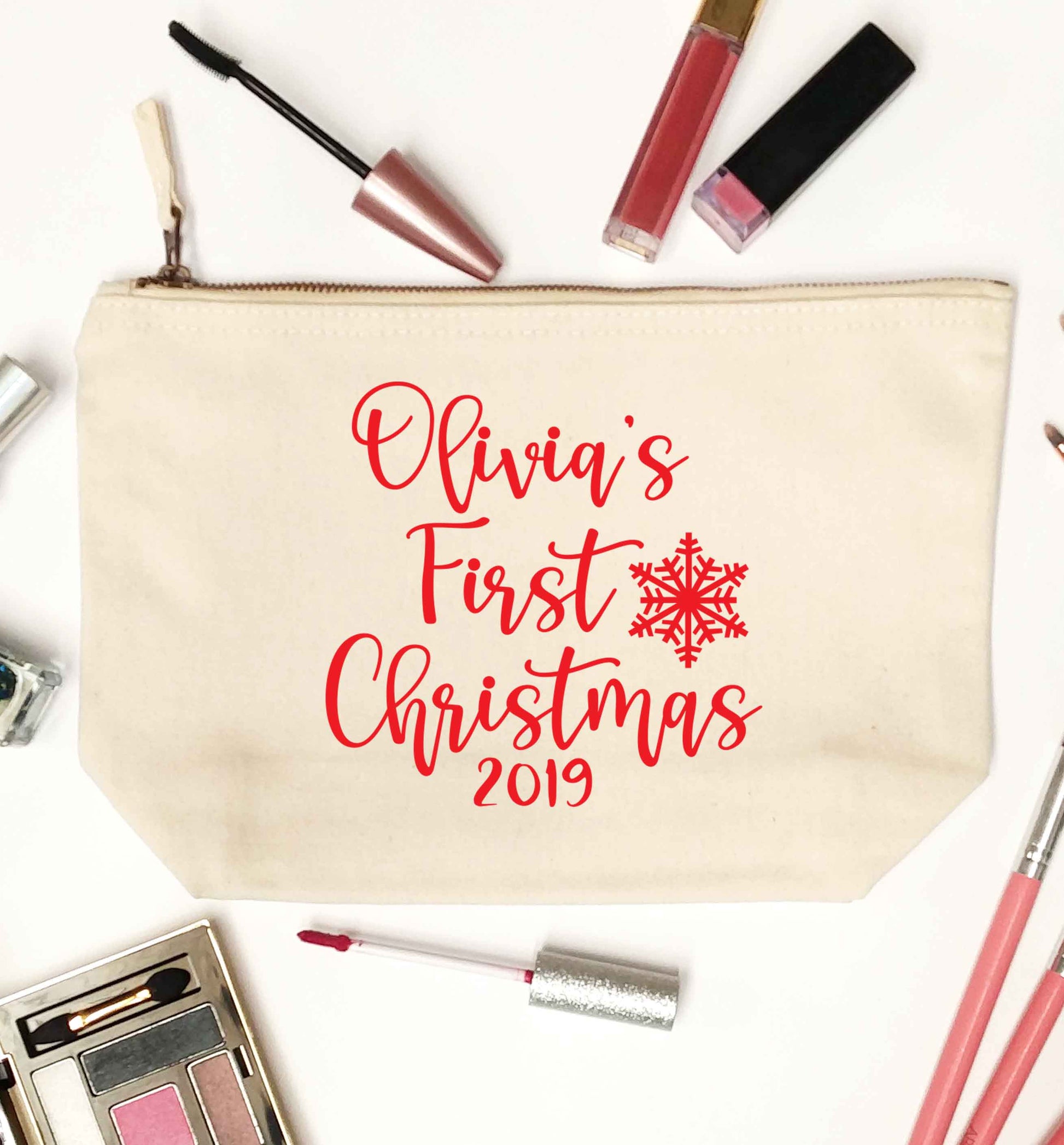 Personalised first Christmas - script text natural makeup bag