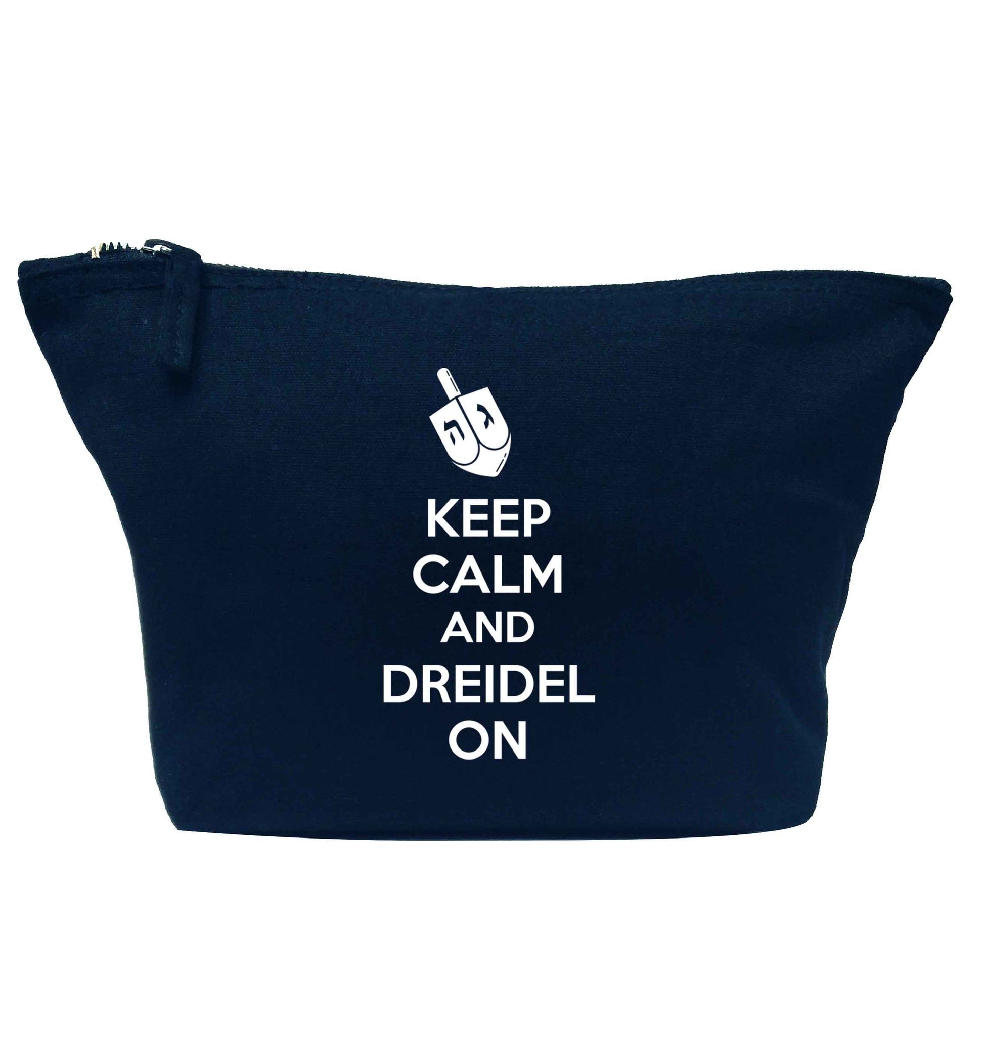 Keep calm and dreidel on navy makeup bag