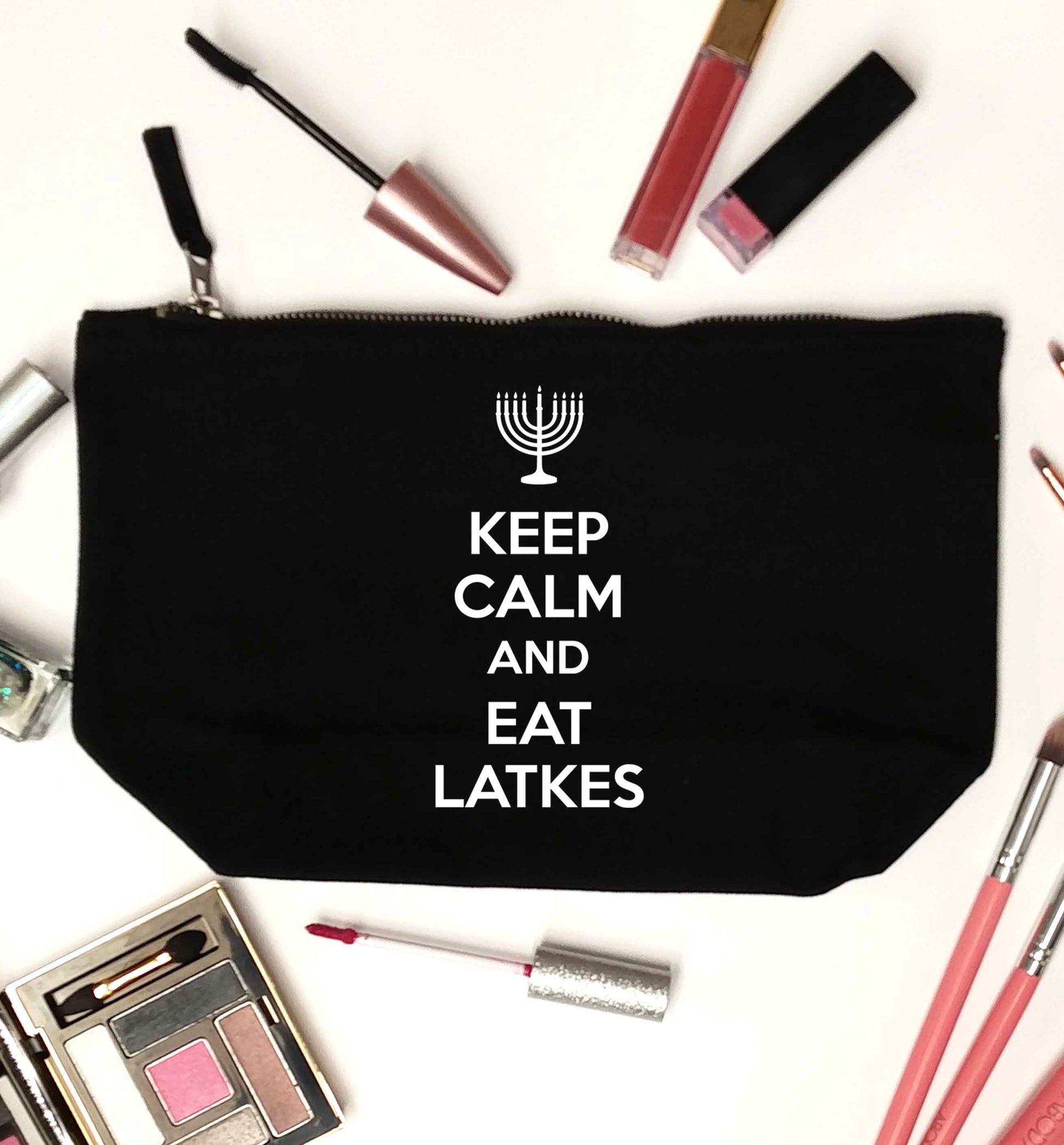 Keep calm and eat latkes black makeup bag