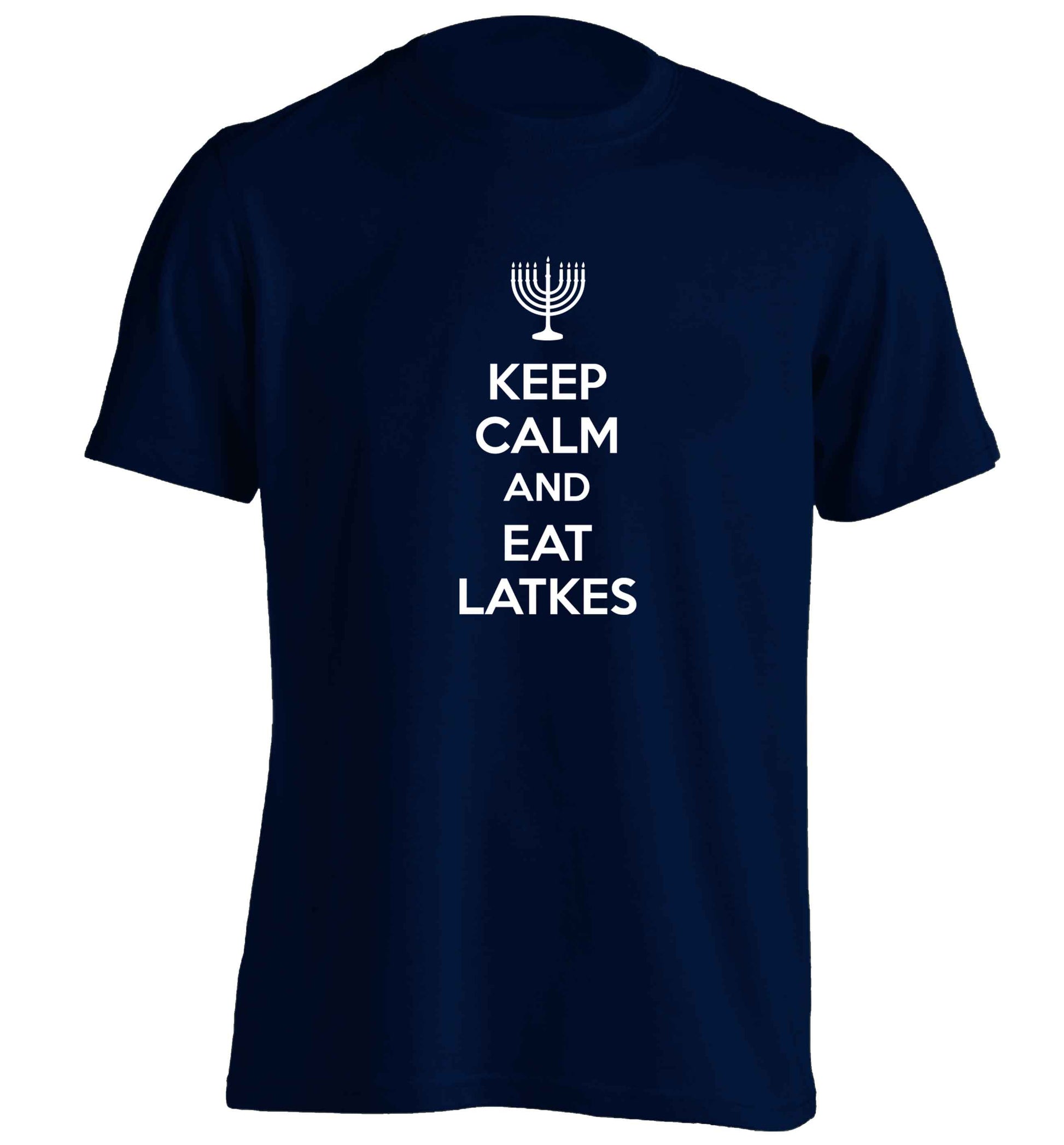 Keep calm and eat latkes adults unisex navy Tshirt 2XL