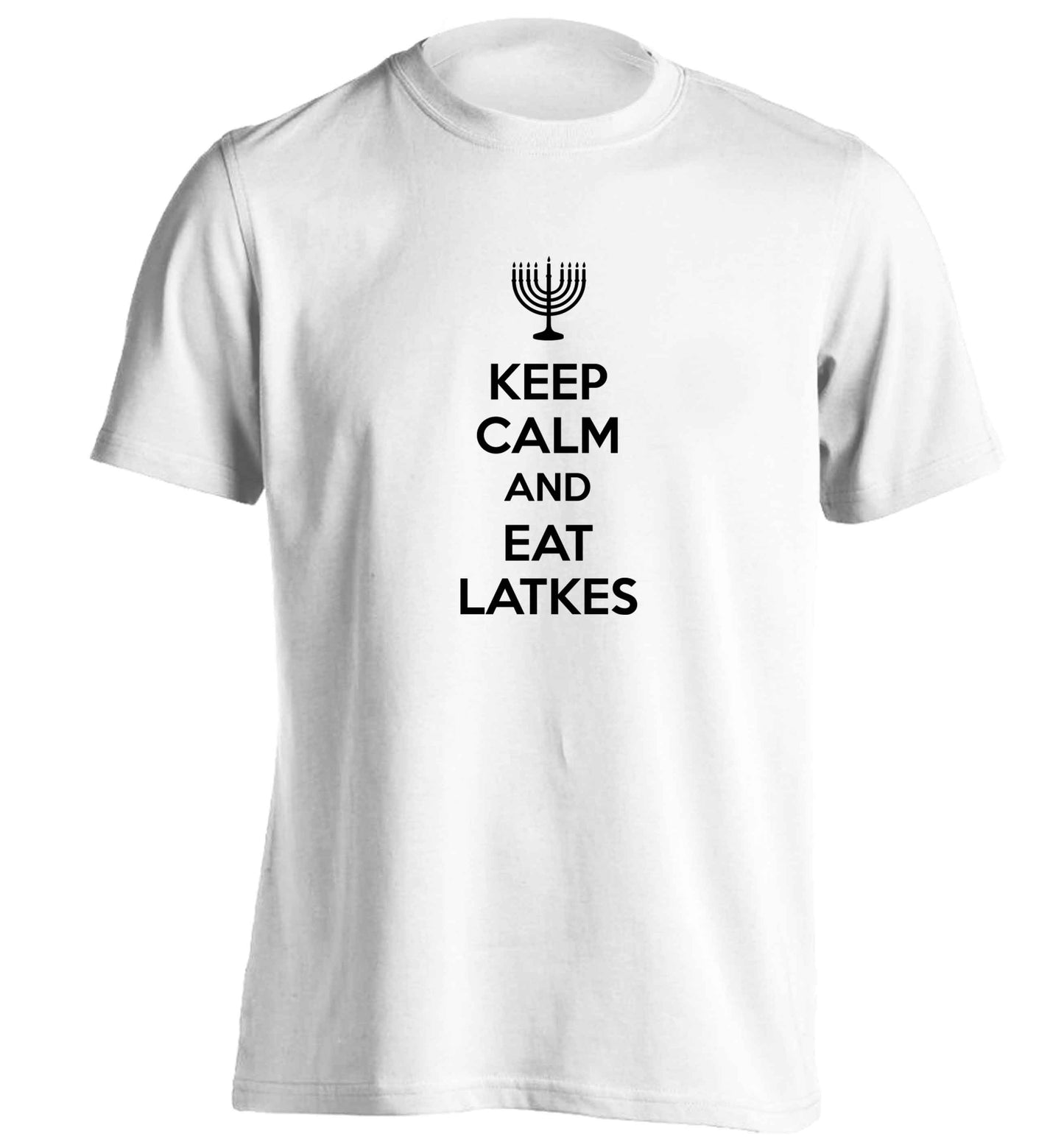 Keep calm and eat latkes adults unisex white Tshirt 2XL