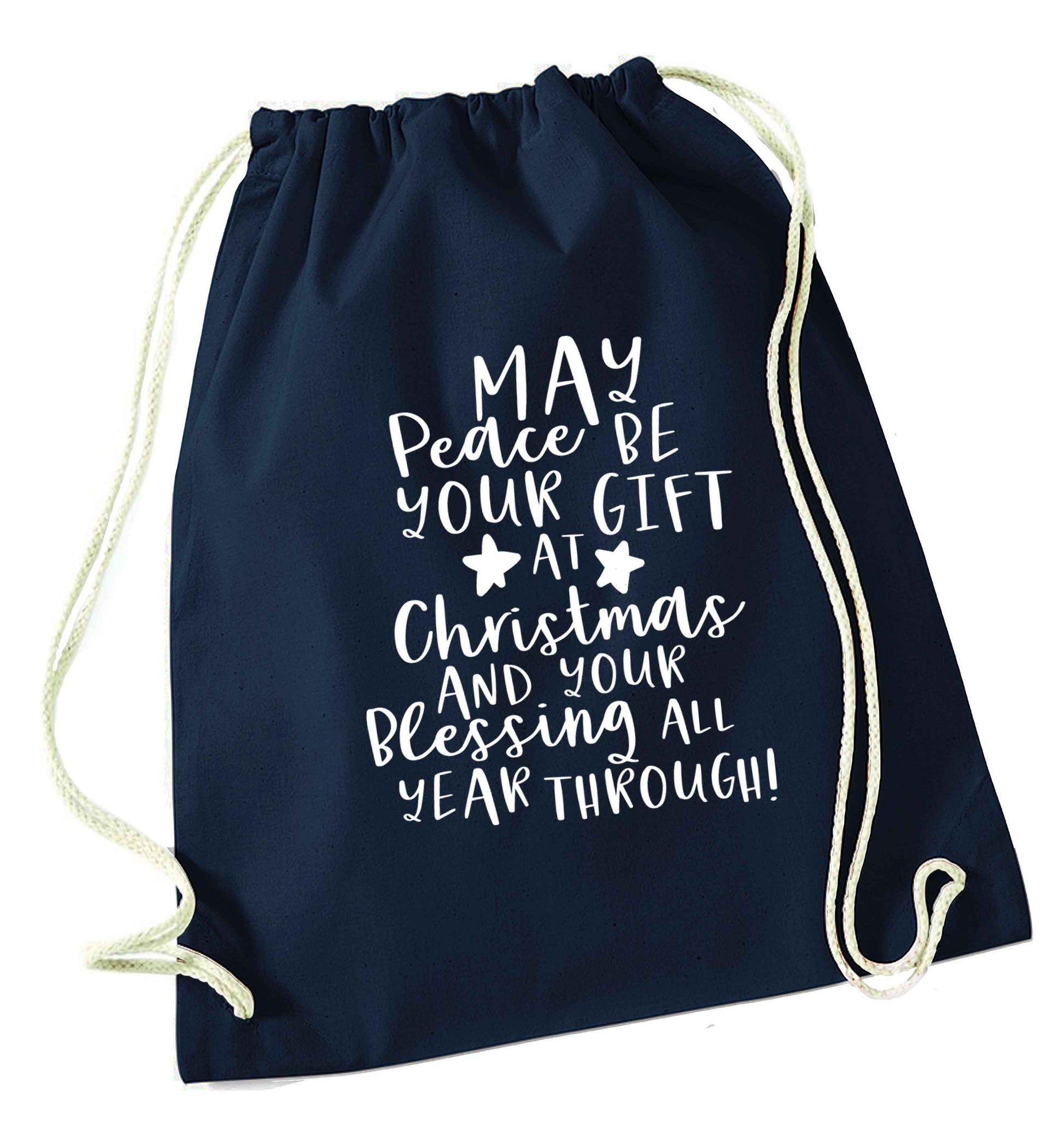 Peace be your Gift at Christmas Gift navy drawstring bag