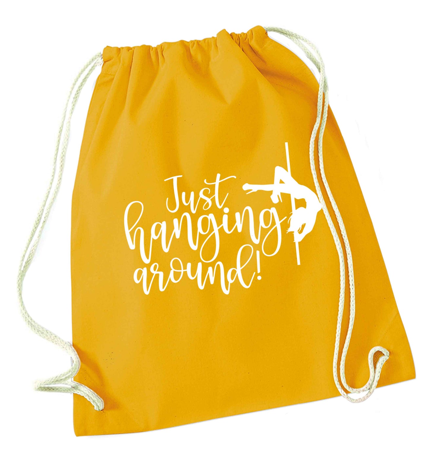 Best Things Happen Dancing mustard drawstring bag