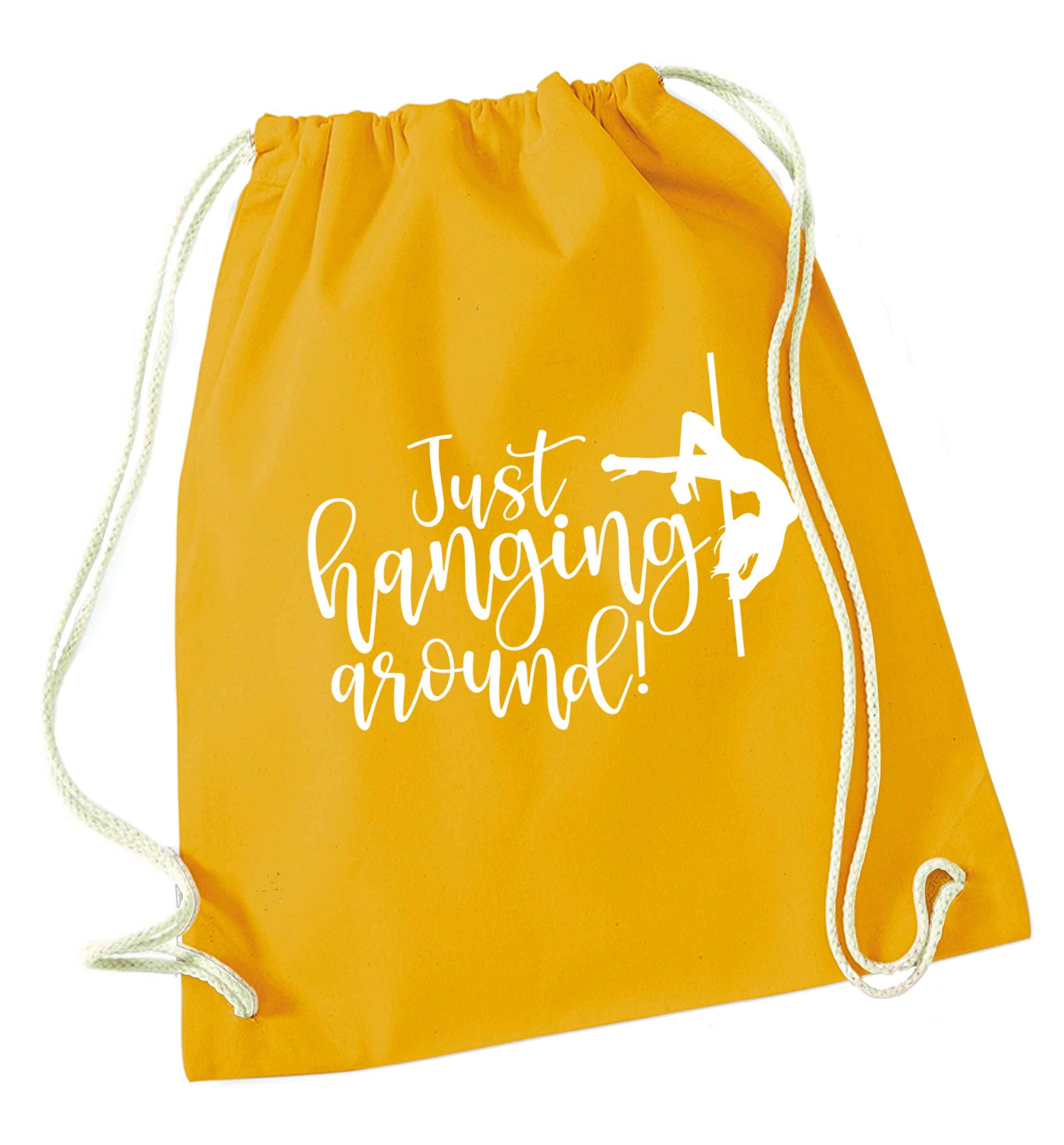 Best Things Happen Dancing mustard drawstring bag