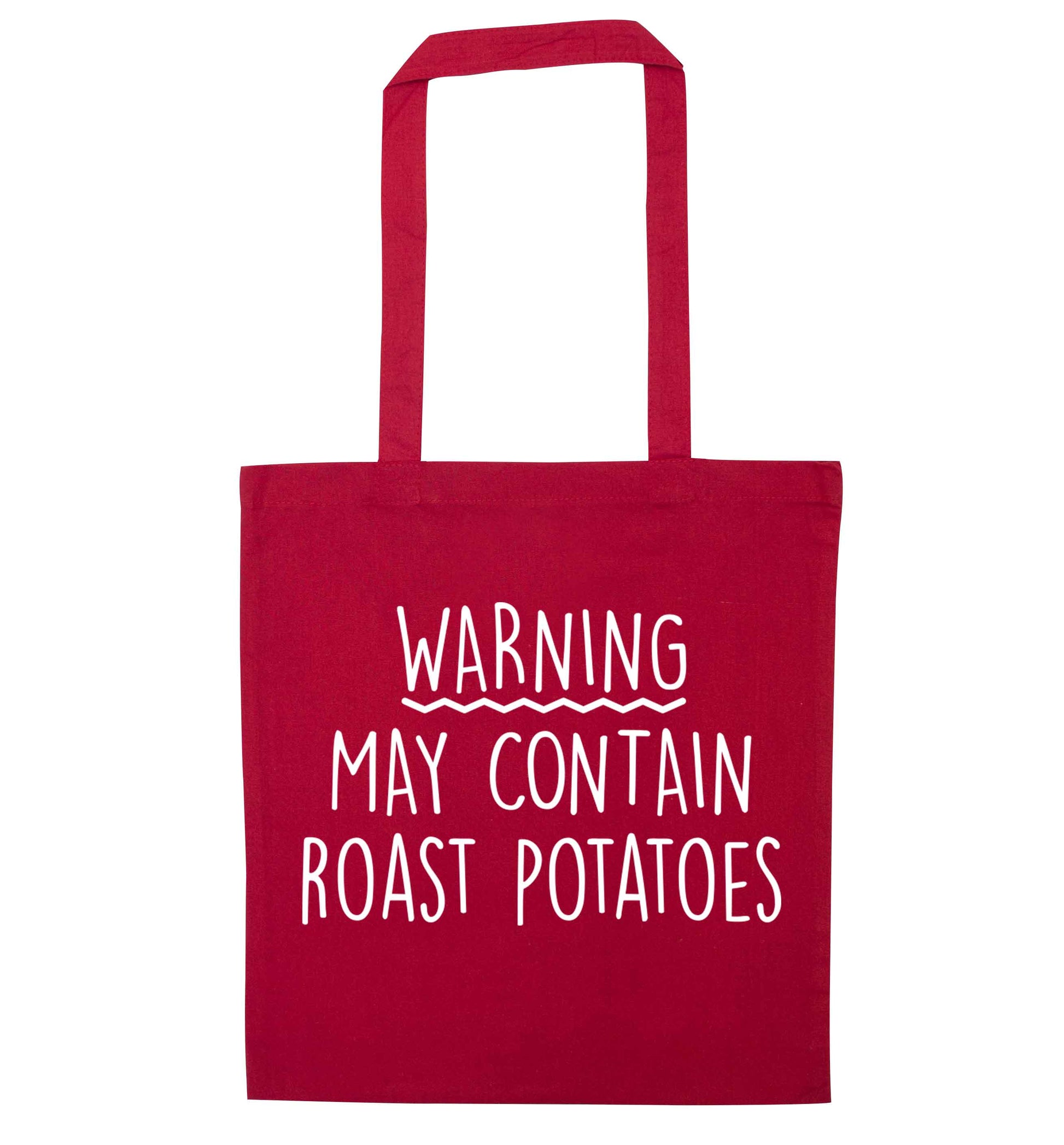 Warning may containg roast potatoes red tote bag
