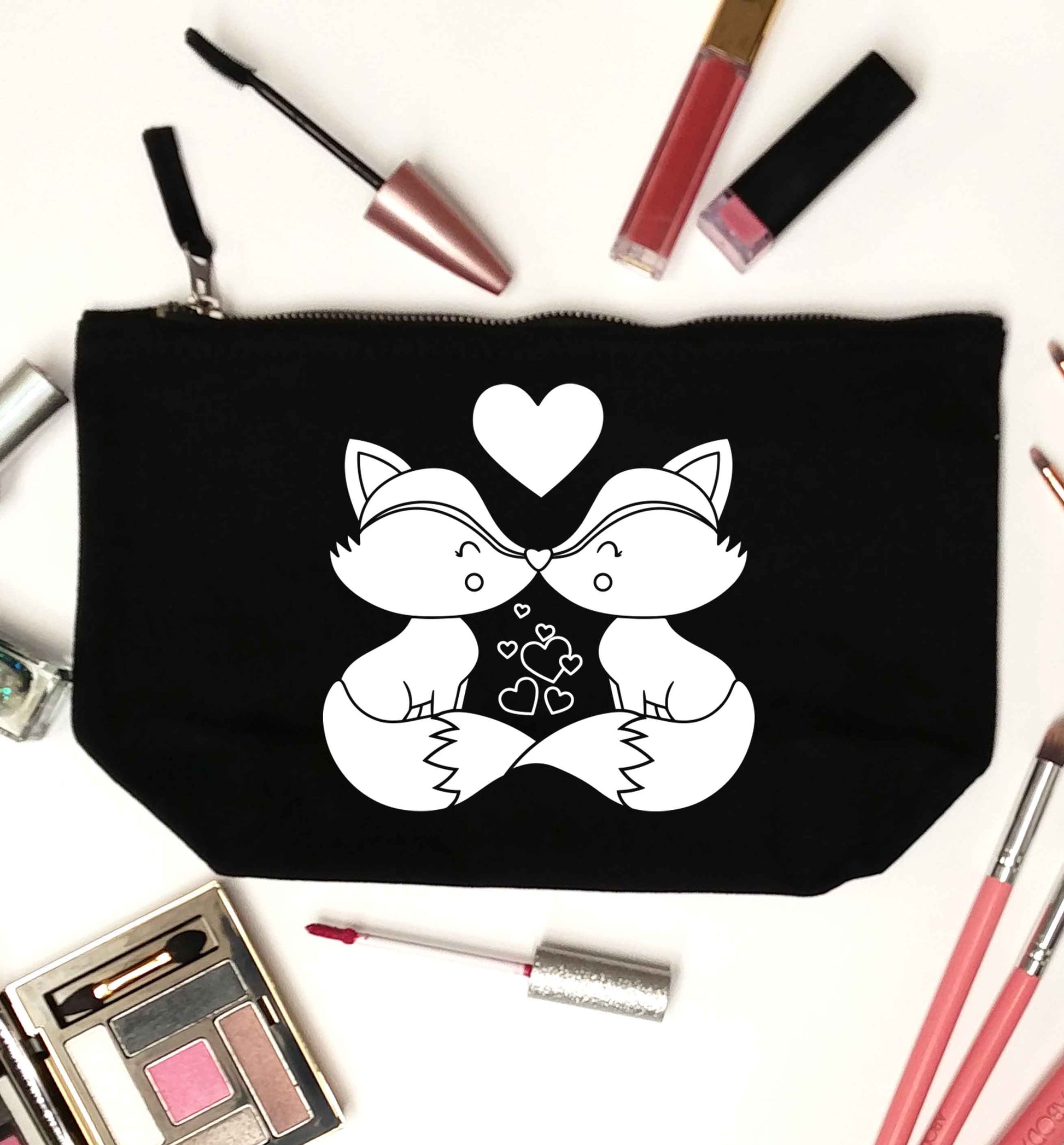 Valentines fox illustration black makeup bag