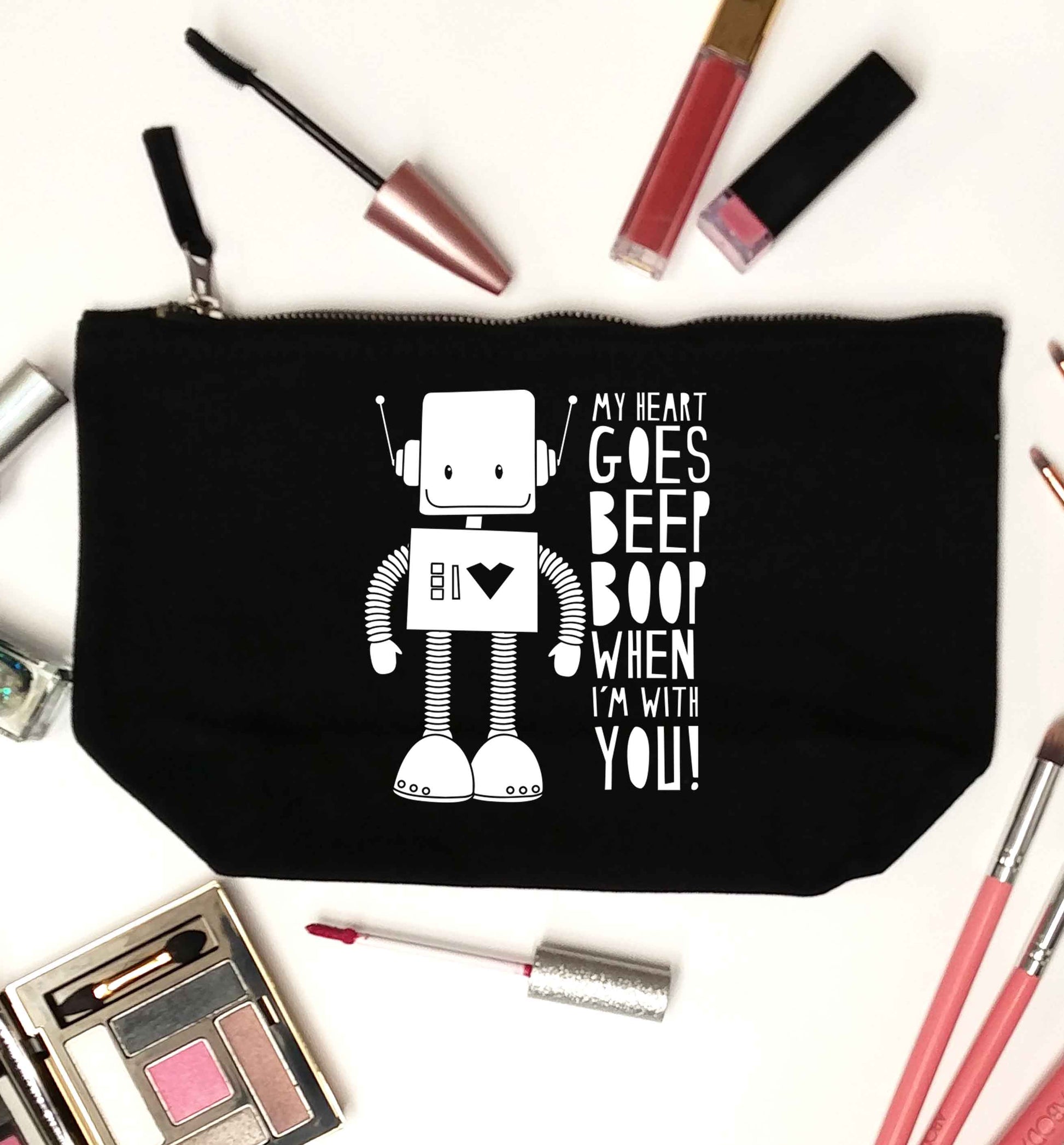 My heart goes beep boop when I'm with you black makeup bag