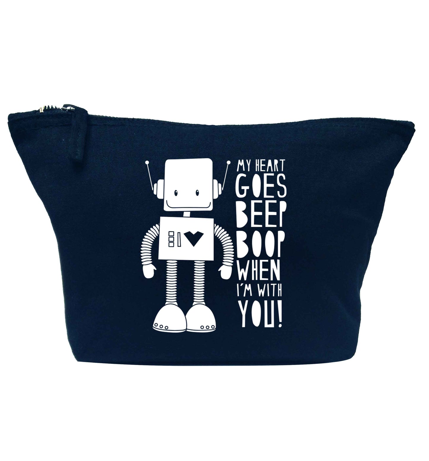 My heart goes beep boop when I'm with you navy makeup bag