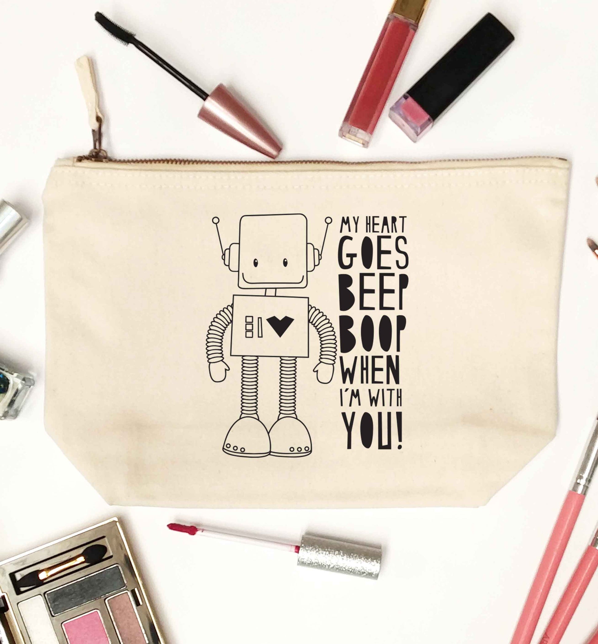 My heart goes beep boop when I'm with you natural makeup bag