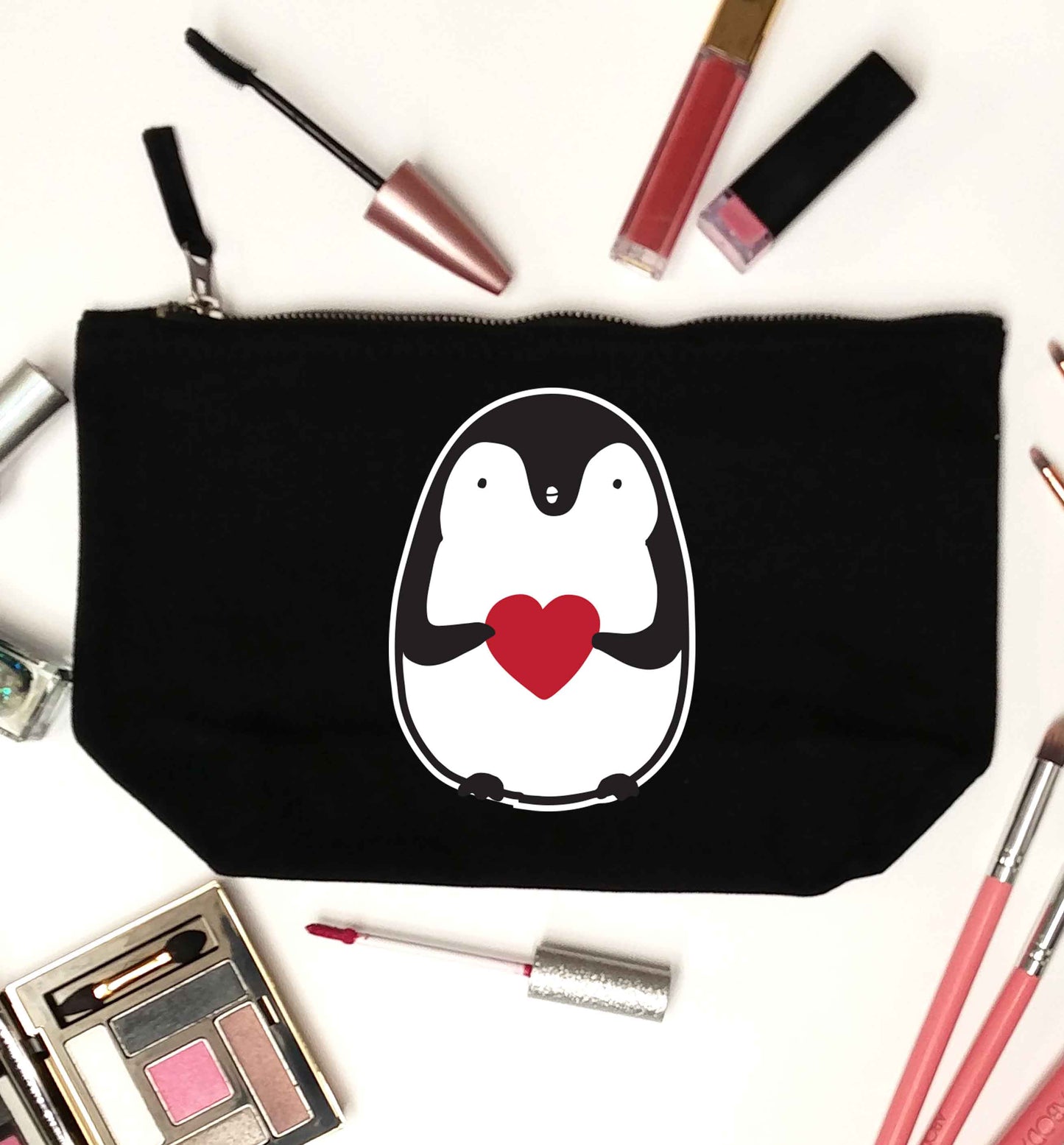 Cute penguin heart black makeup bag